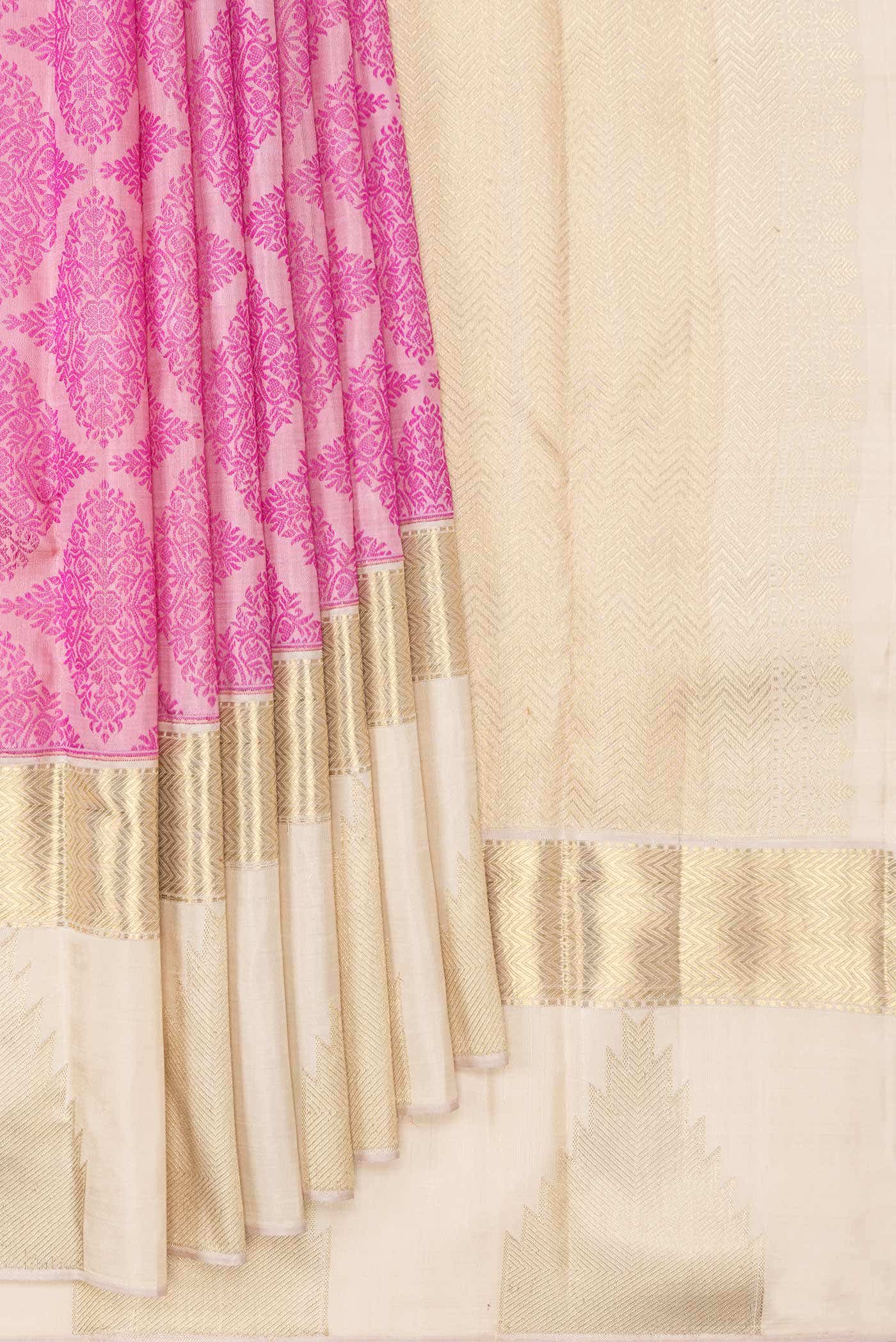 Pure Silk Pure Zari Pink Dual Tone Kanjivaram Saree - Image 2
