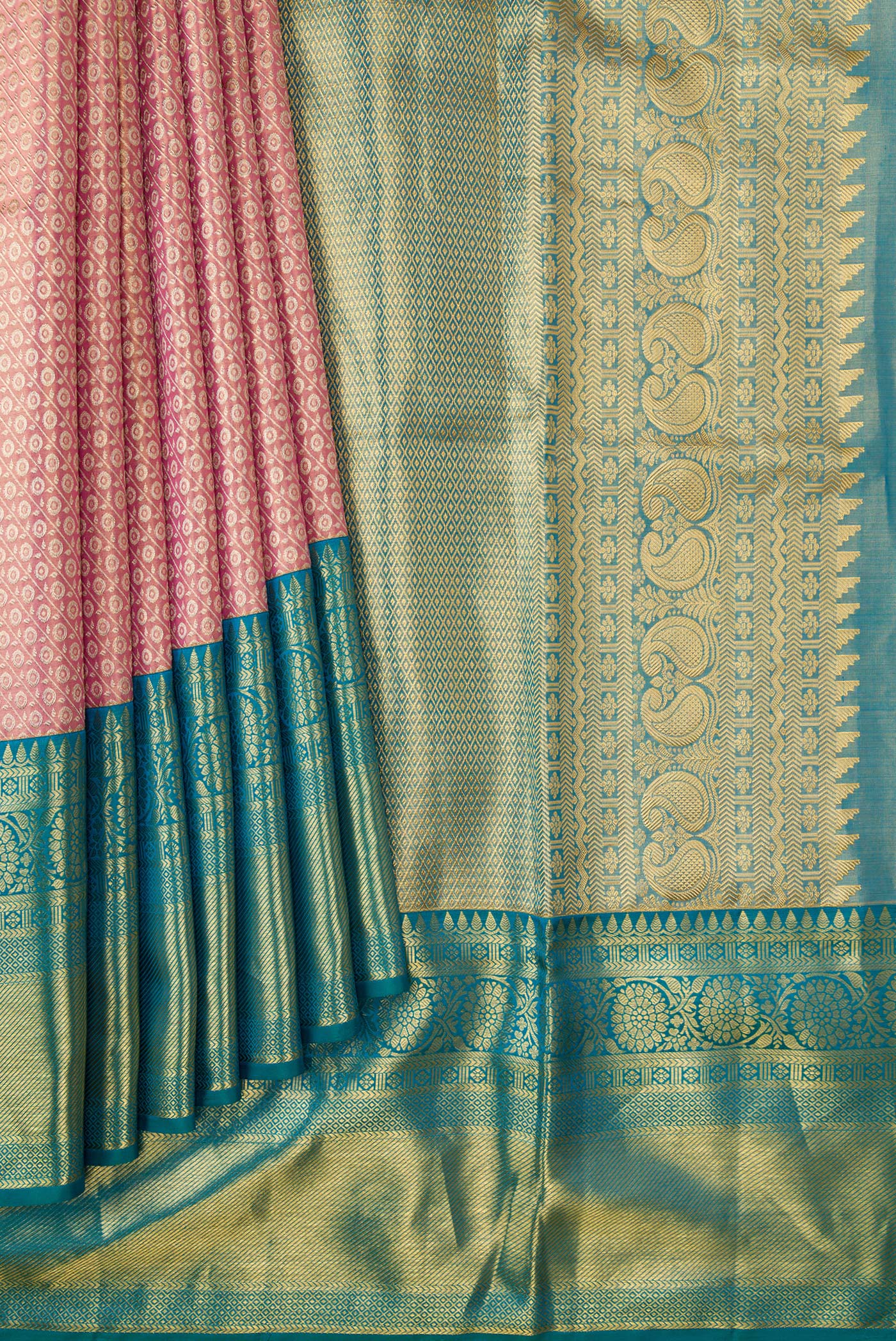 Rose pink Dual Tone Kanchipuram Tissue Silk Saree - Image 4
