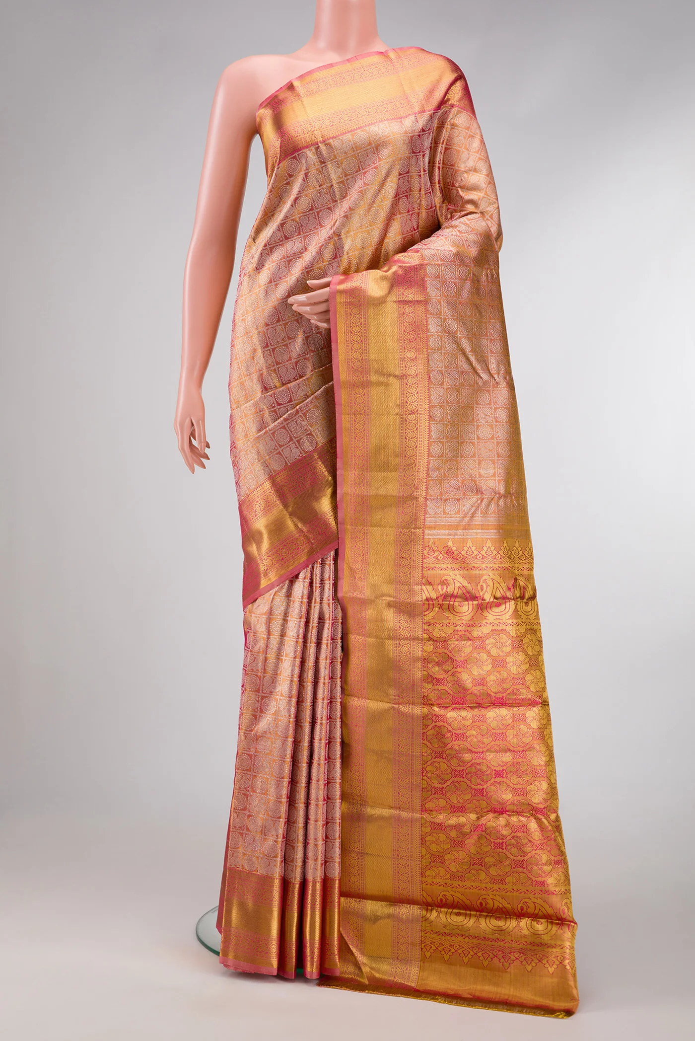 Coral with Gold Color Kanjivaram Tissue Silk Saree