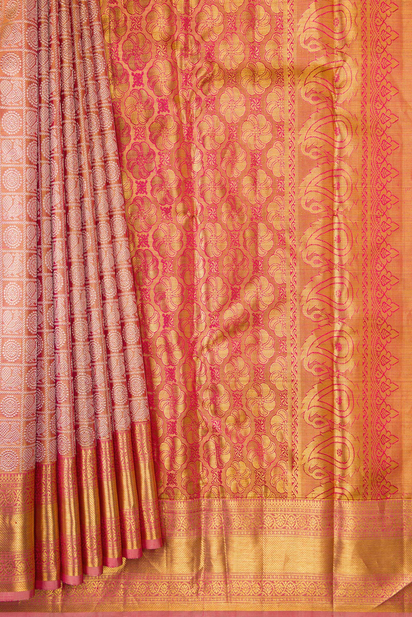 Coral with Gold Color Kanjivaram Tissue Silk Saree - Image 4