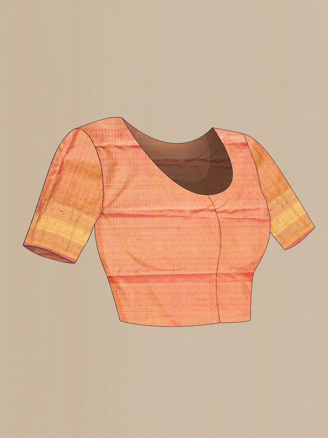 Coral with Gold Color Kanjivaram Tissue Silk Saree - Image 5