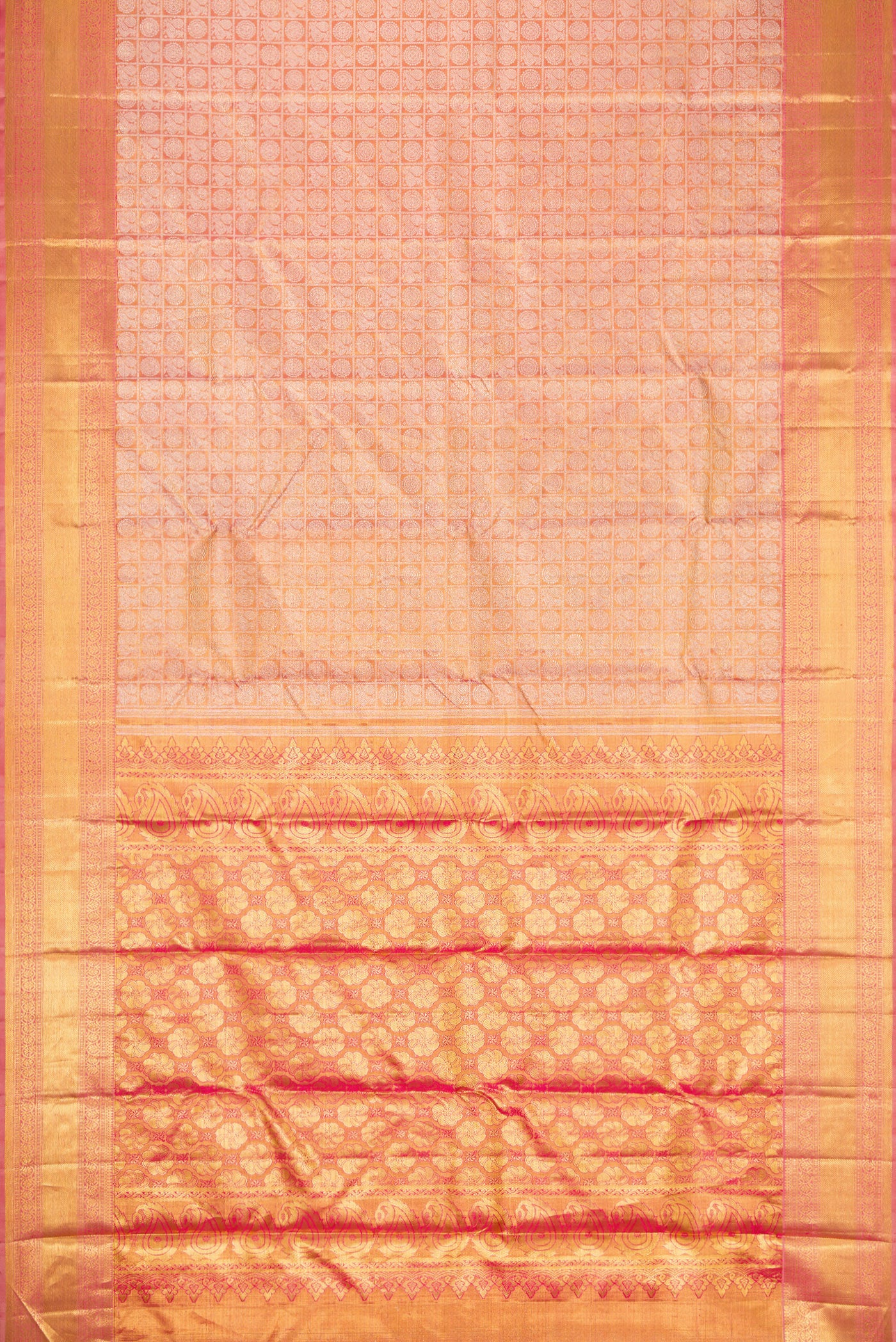 Coral with Gold Color Kanjivaram Tissue Silk Saree - Image 6