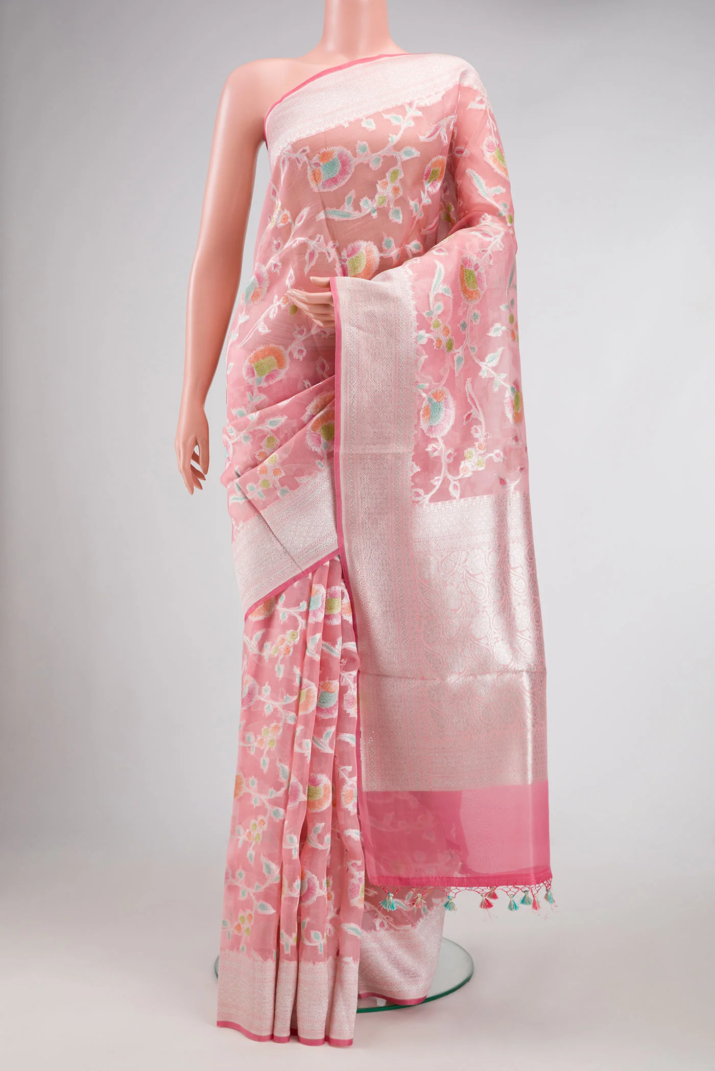 Rose pink Banarasi Kora Silk Saree
