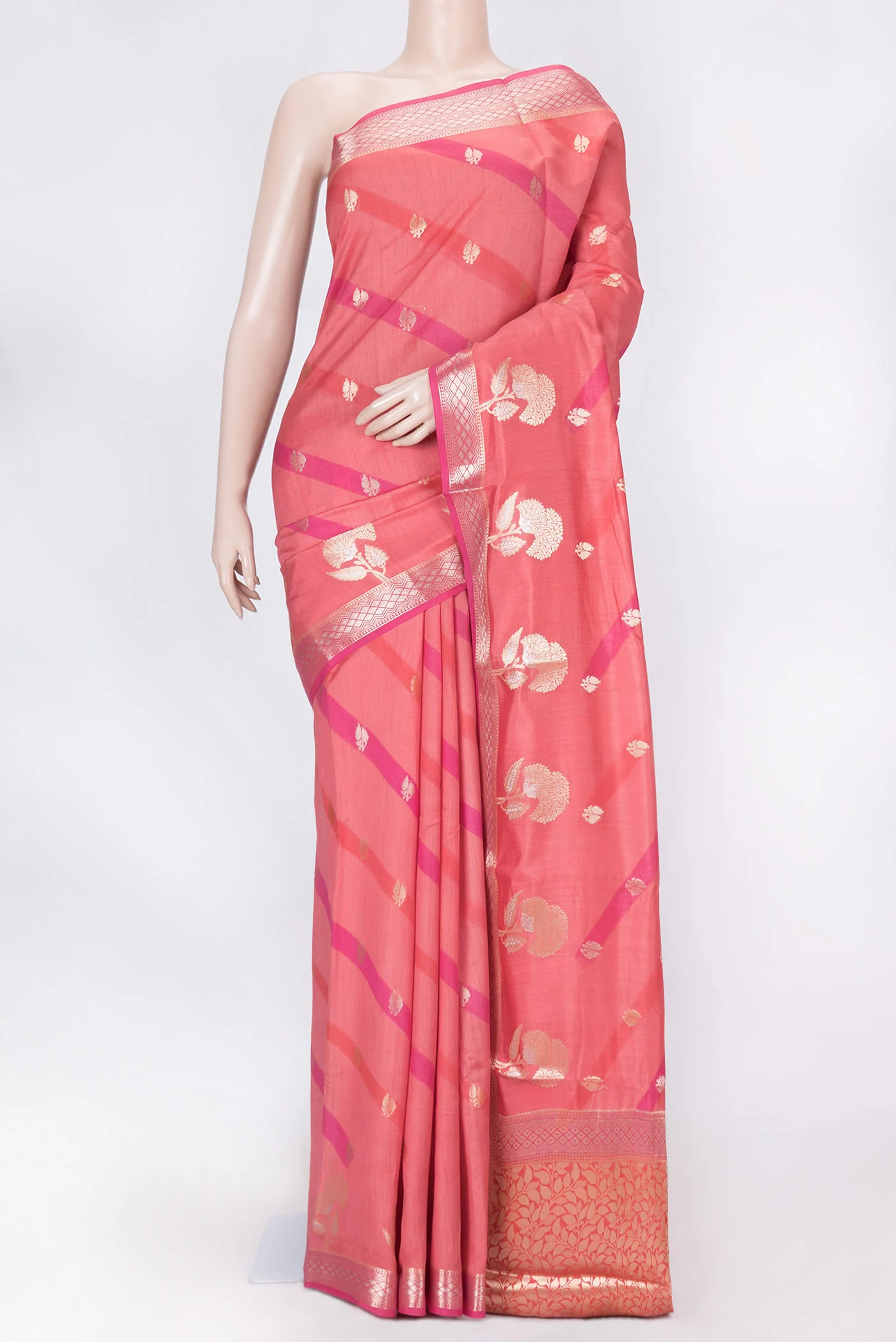 Coral Banarasi Raw Silk Saree