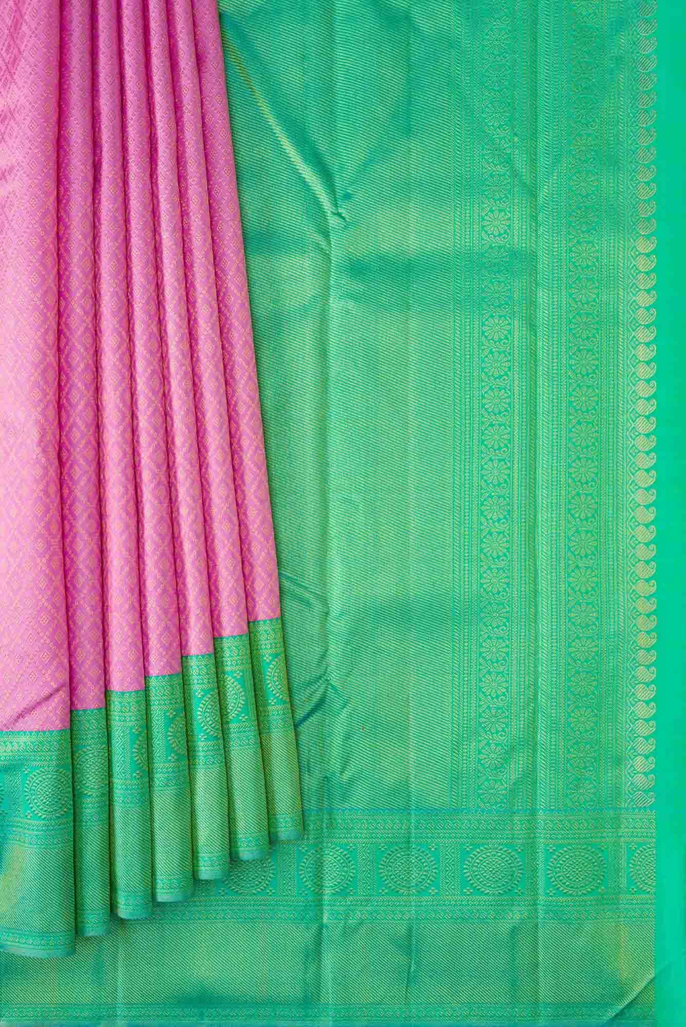 Pure Silk Pure Zari Pink Dual Tone Kanjivaram Saree - Image 2