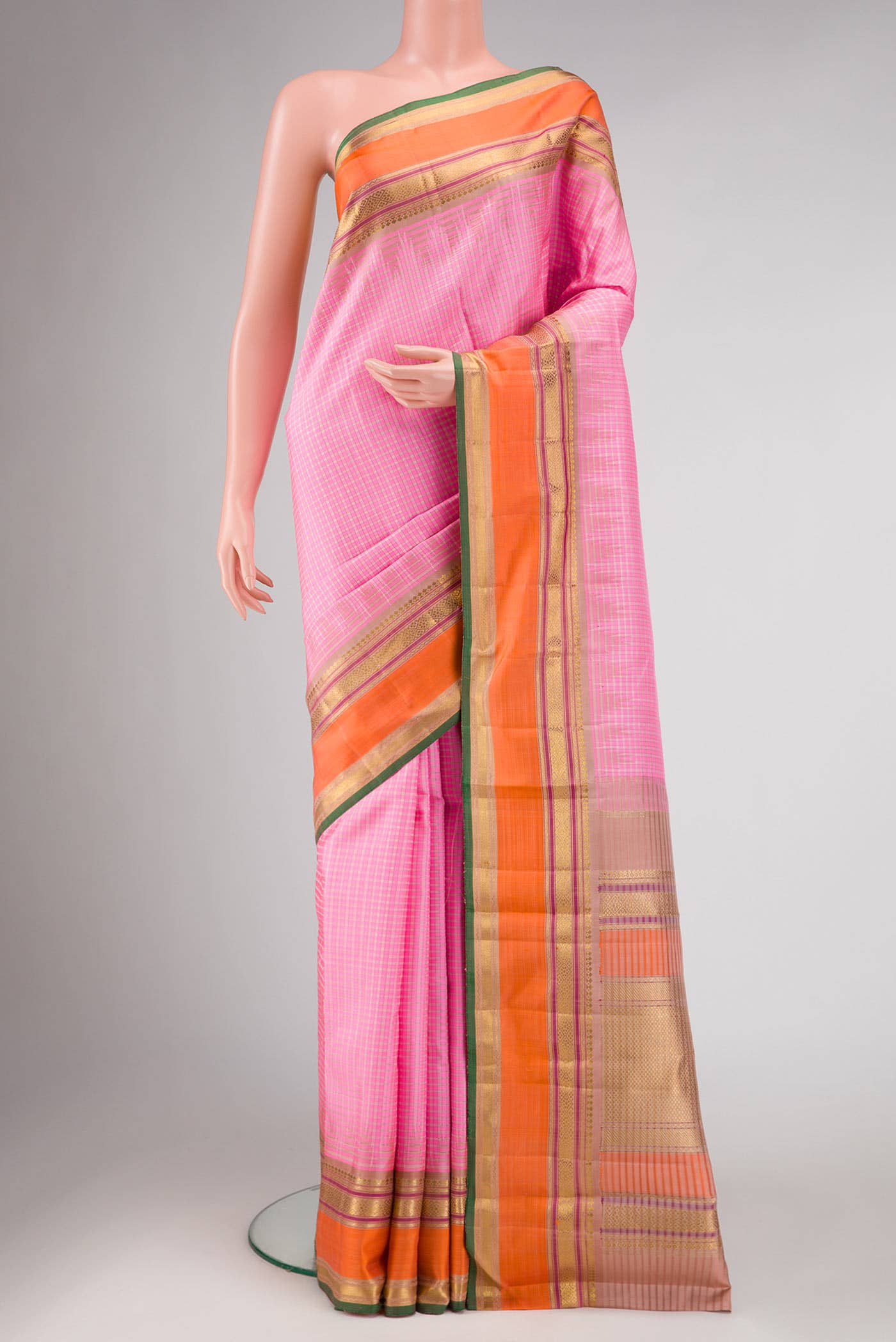 Pure Silk Pure Zari Pink Kanchipuram Saree - Image 8