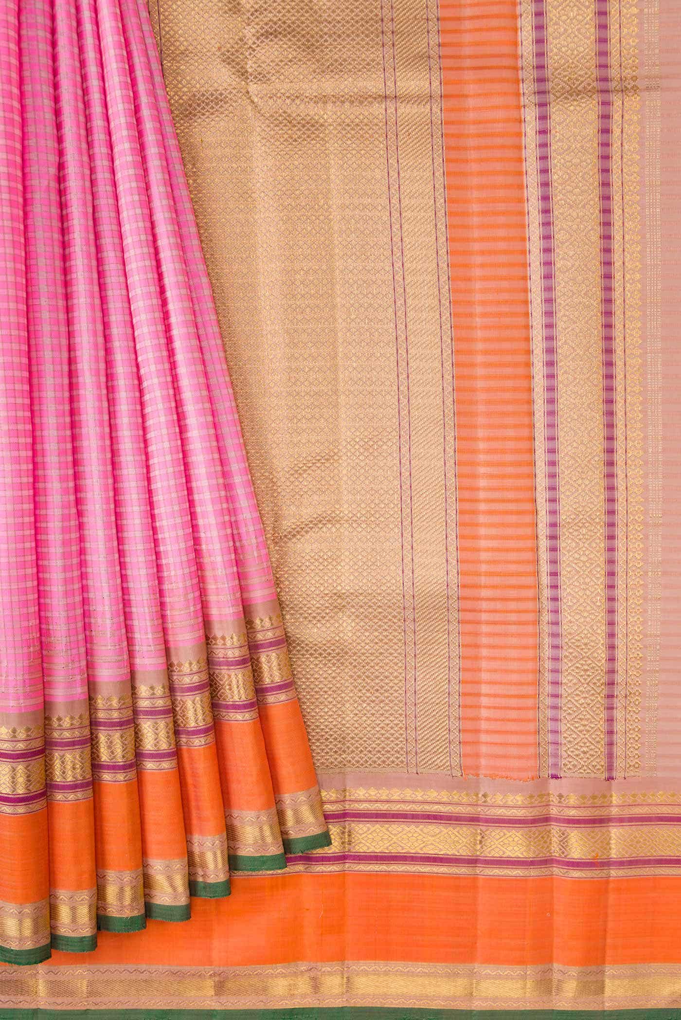Pure Silk Pure Zari Pink Kanchipuram Saree - Image 9