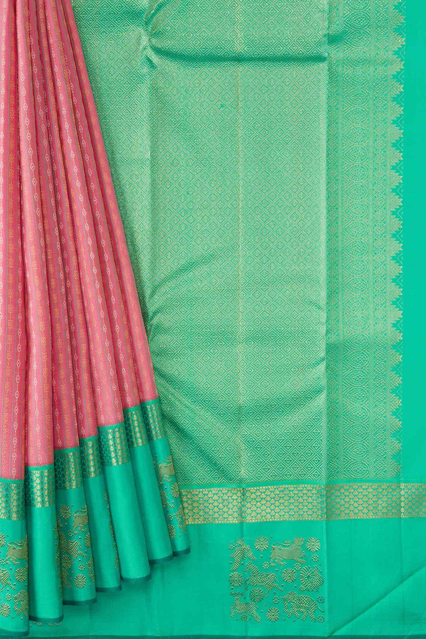 Pure Silk Pure Zari Pink Kanjivaram Saree - Image 2