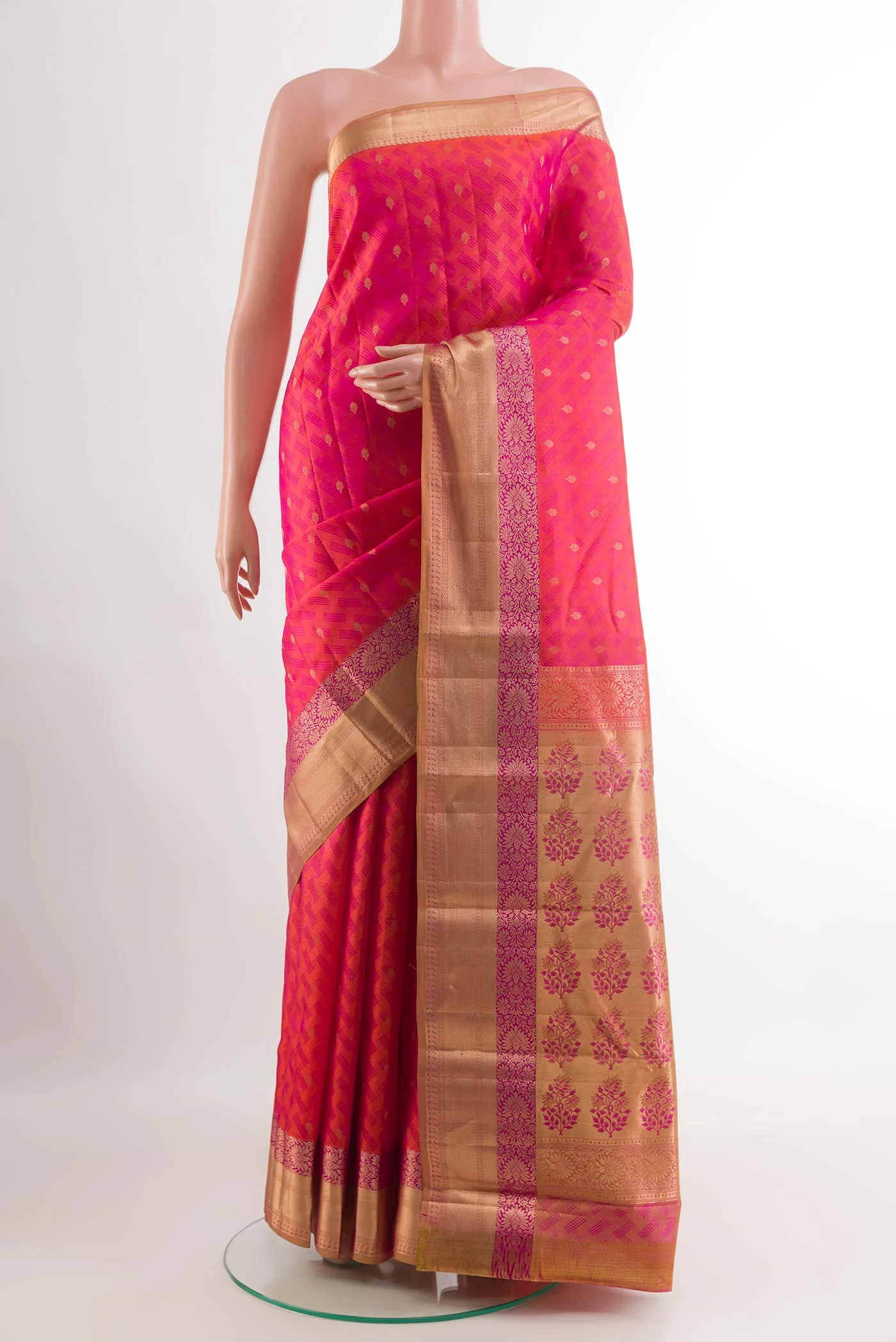 Pink with Orange Color Kanjivaram Silk Saree