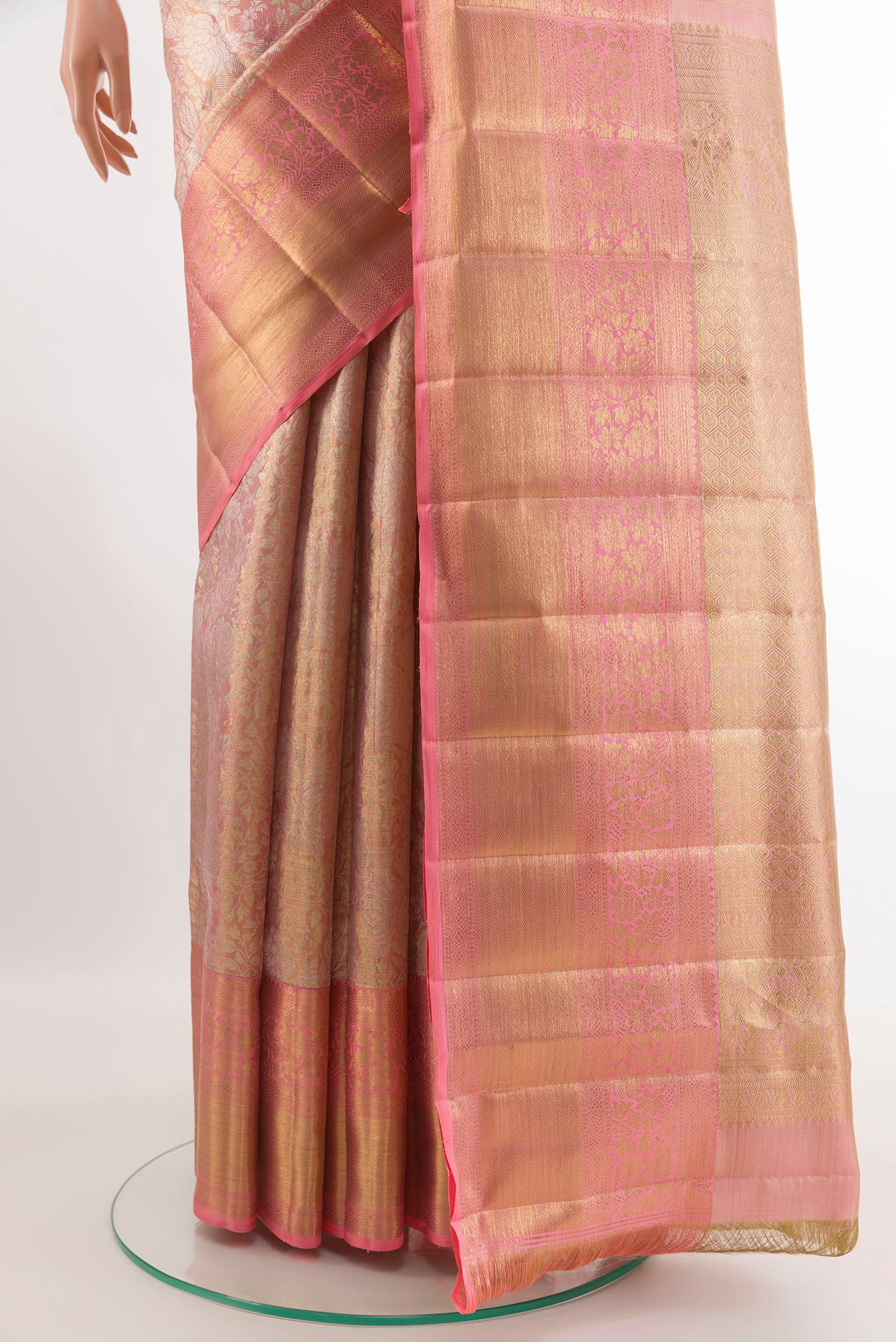 Rose Gold Dual Tone Kanjivaram Tissue Silk Saree - Image 3