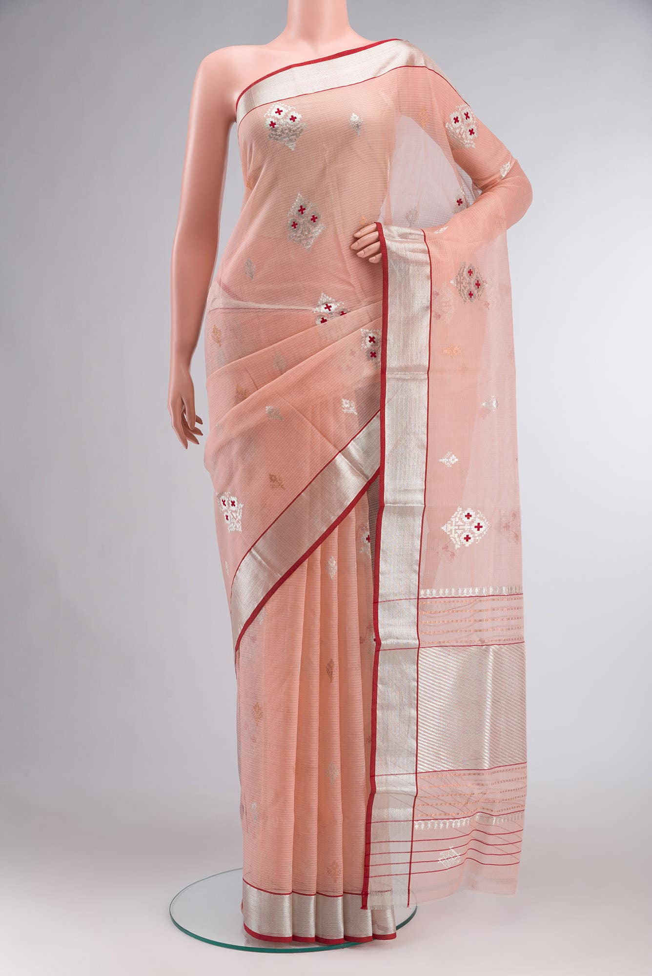Pure Silk Pure Zari Peach Kora Saree