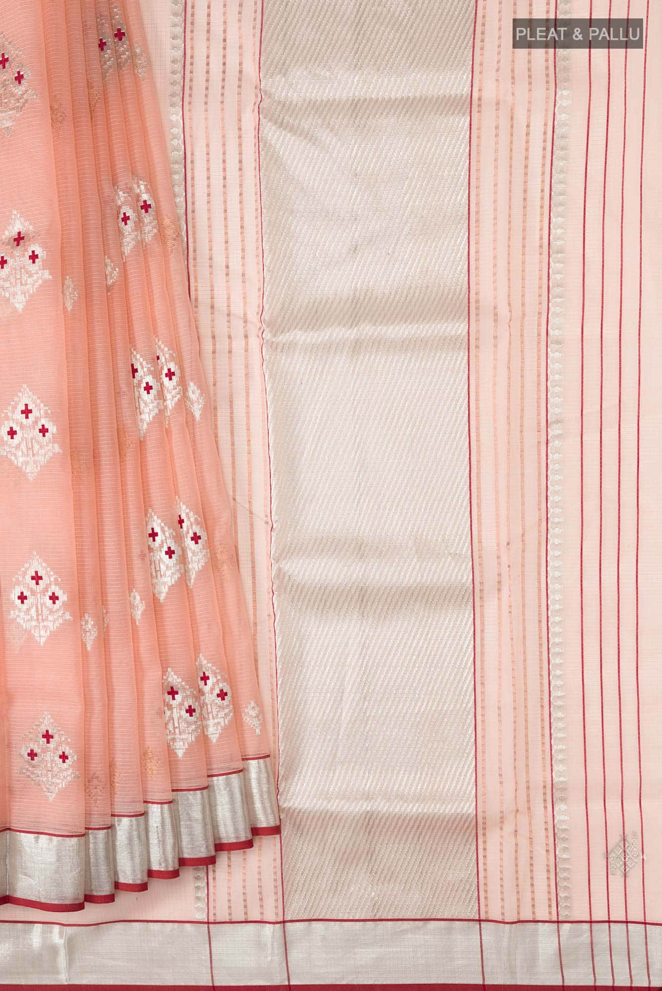 Pure Silk Pure Zari Peach Kora Saree - Image 2