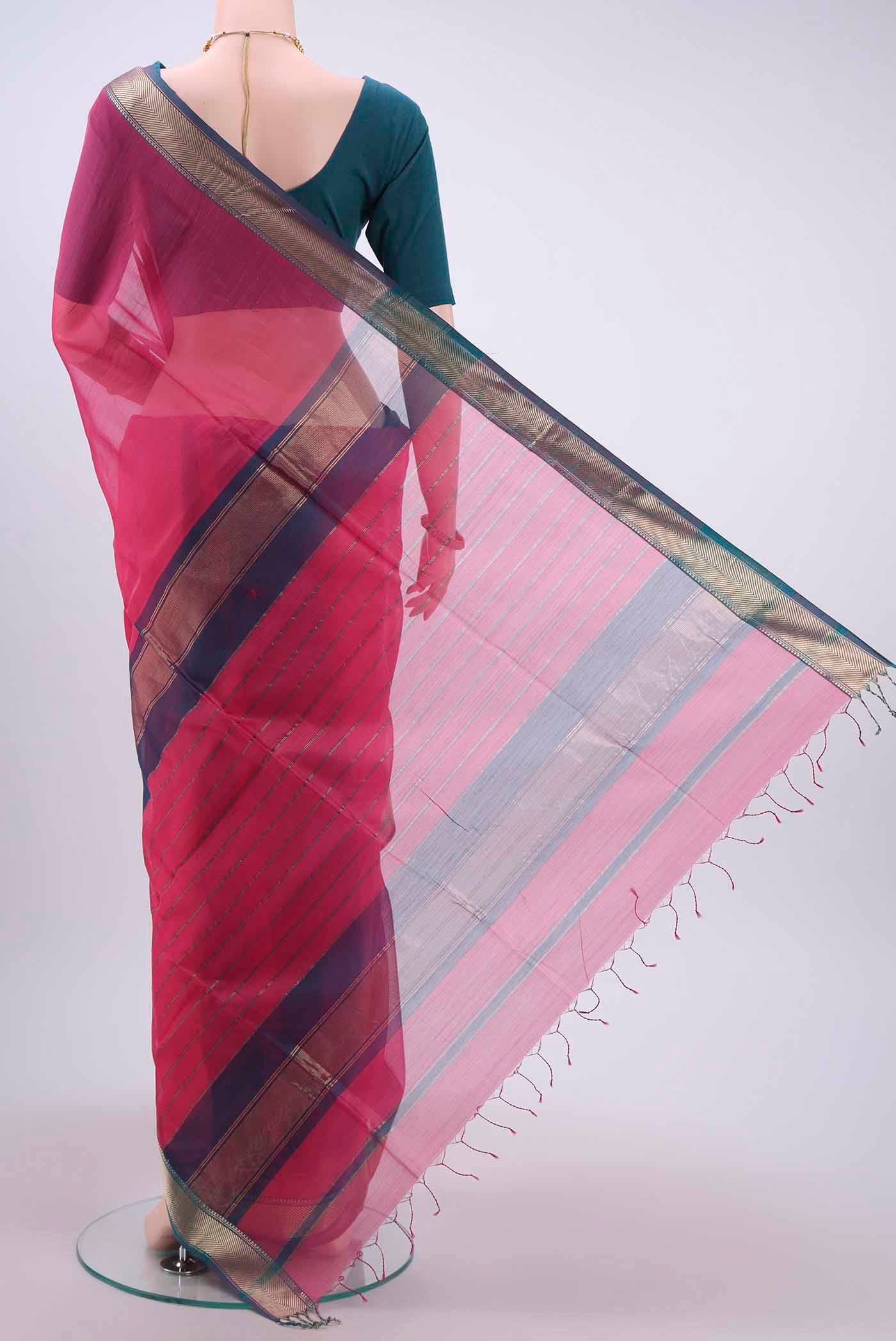 Pink Maheshwari Silk Cotton Saree - Image 3