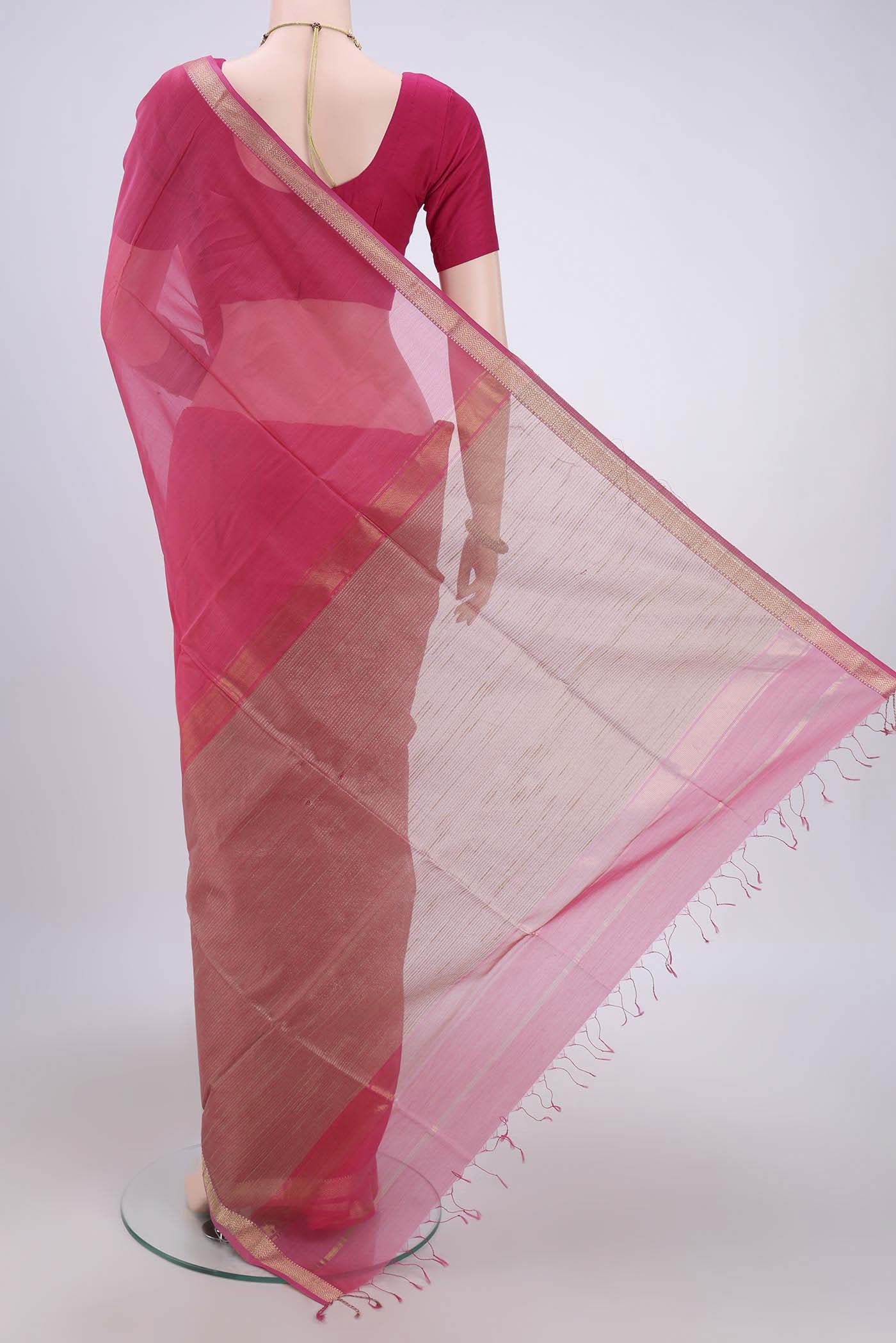 Pink Maheshwari Silk Cotton Saree - Image 3