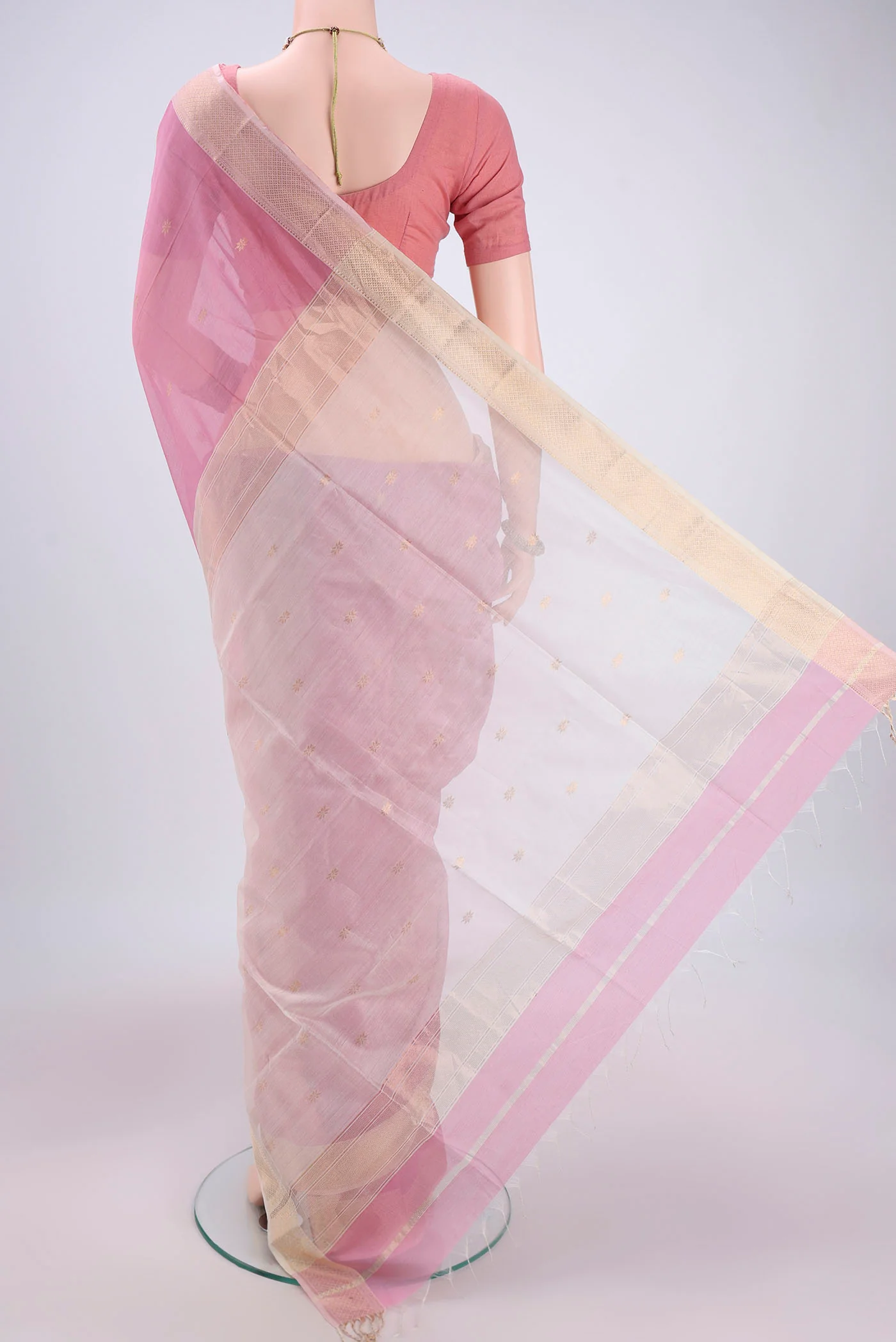 Rose pink Maheshwari Silk Cotton Saree - Image 3