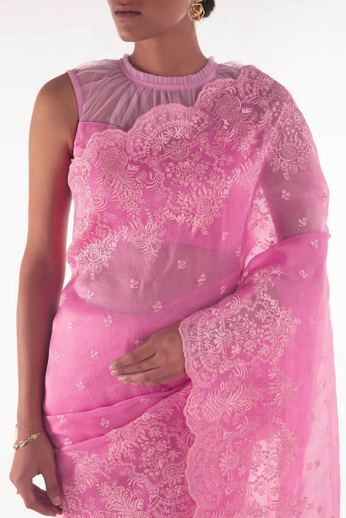 Passion Paradise Pink floral design saree from Embroidered Romance Collection by Nalli - Image 3