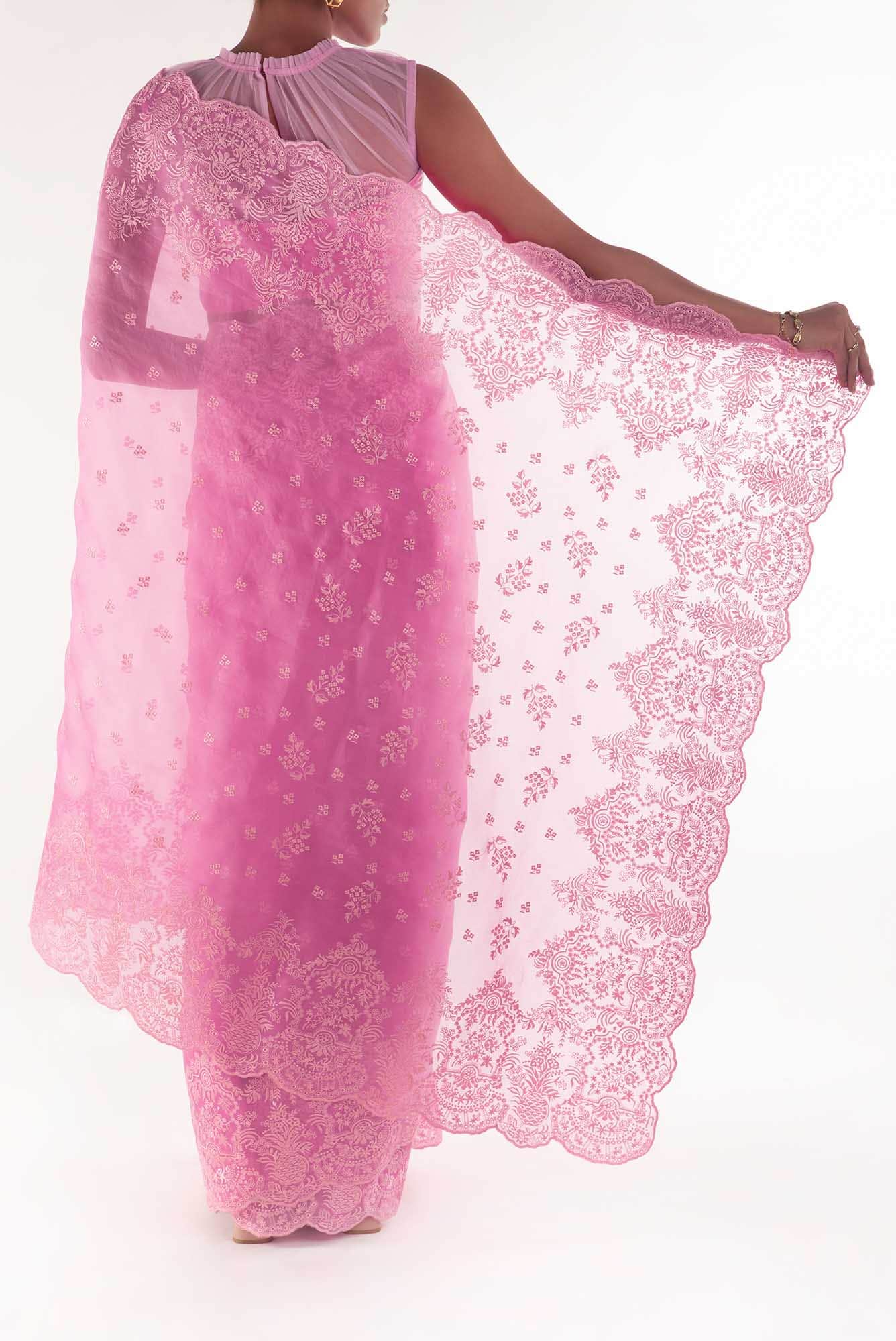 Passion Paradise Pink floral design saree from Embroidered Romance Collection by Nalli - Image 6