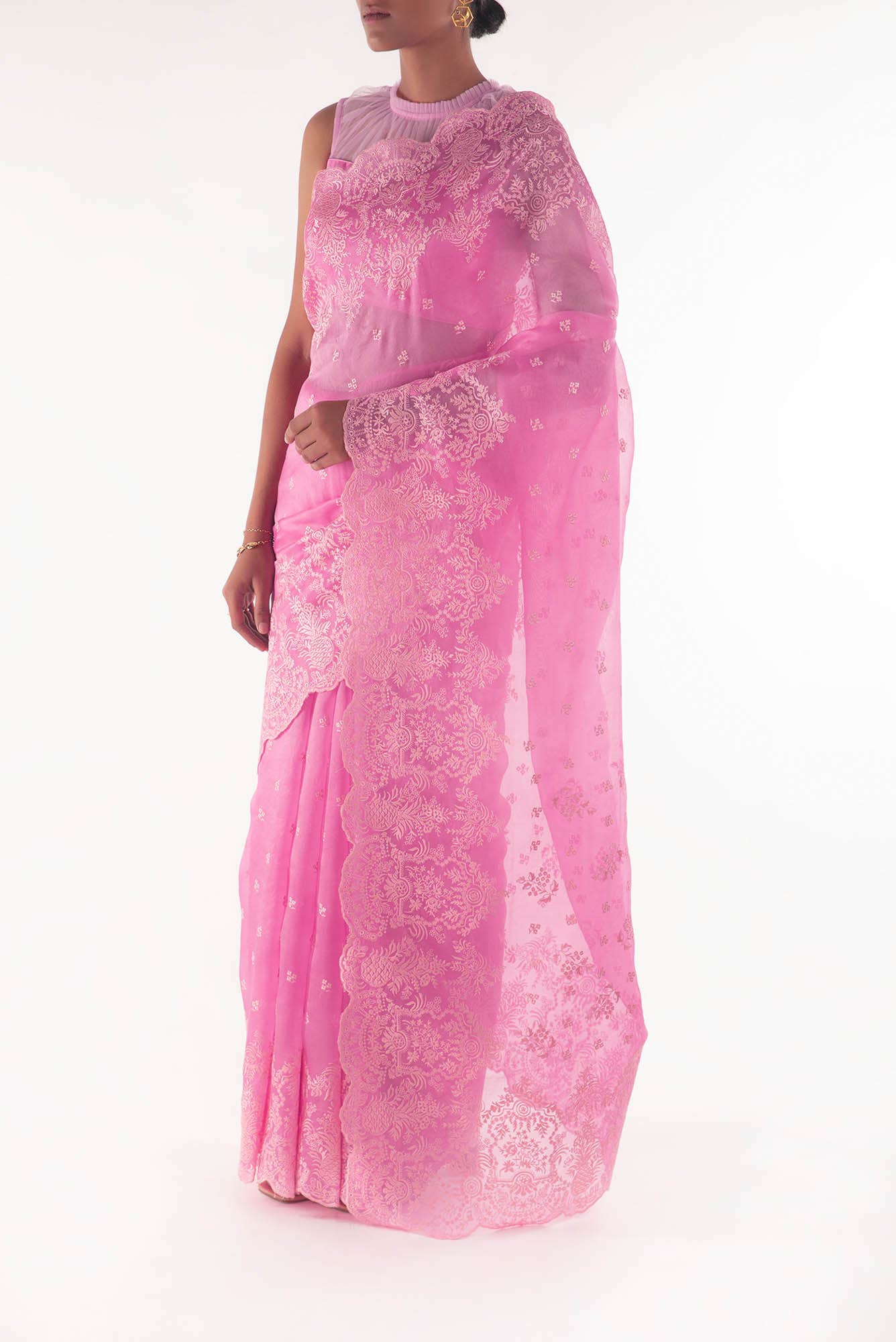 Passion Paradise Pink floral design saree from Embroidered Romance Collection by Nalli - Image 7
