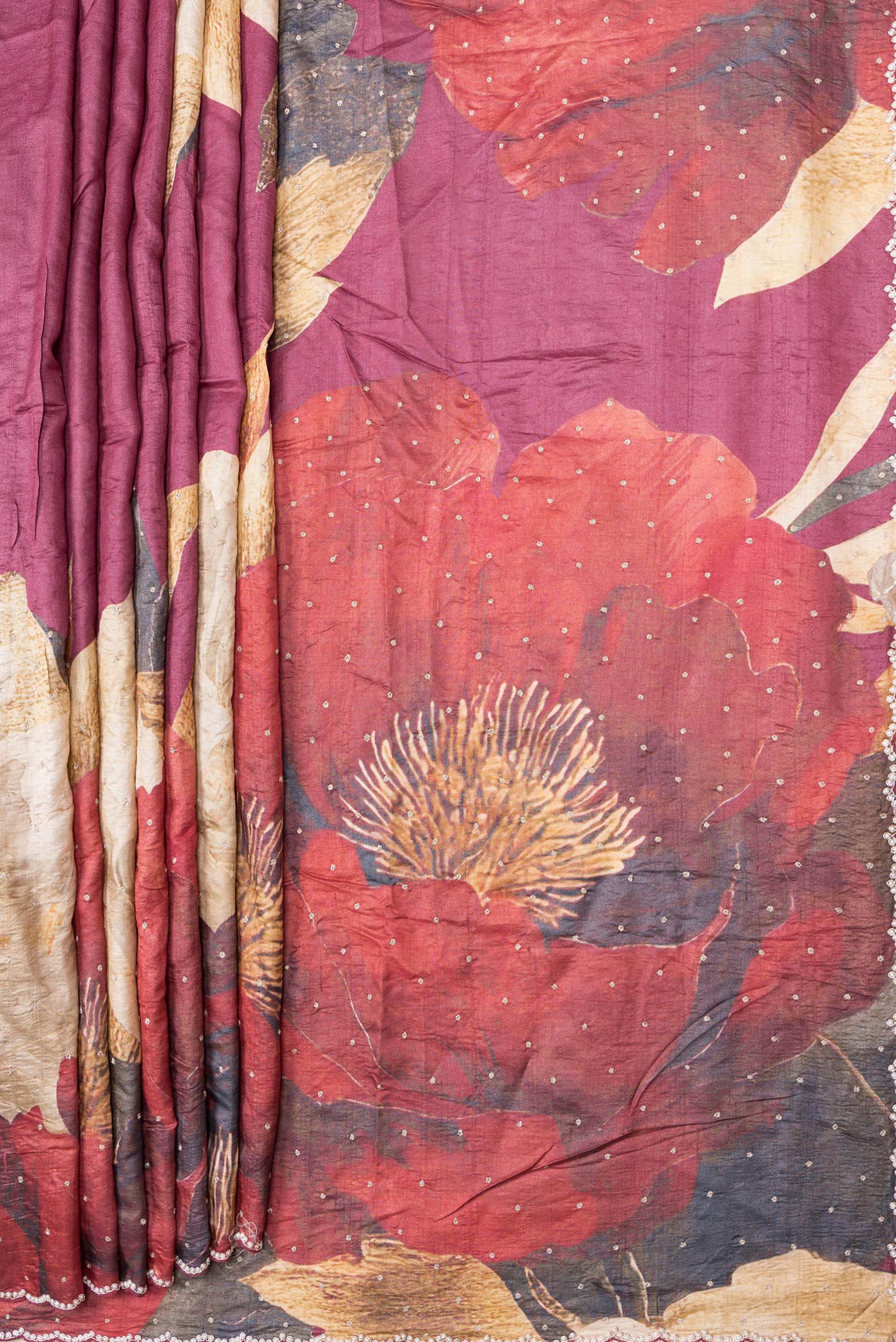 Dark Pink Tussar Silk Saree - Image 4