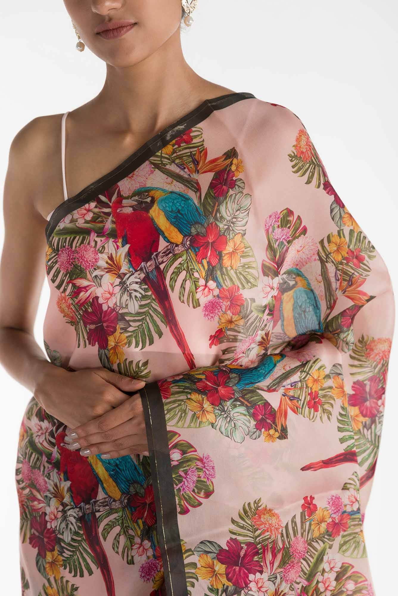 Lover Macaws Pink Satin Organza Saree - Image 2
