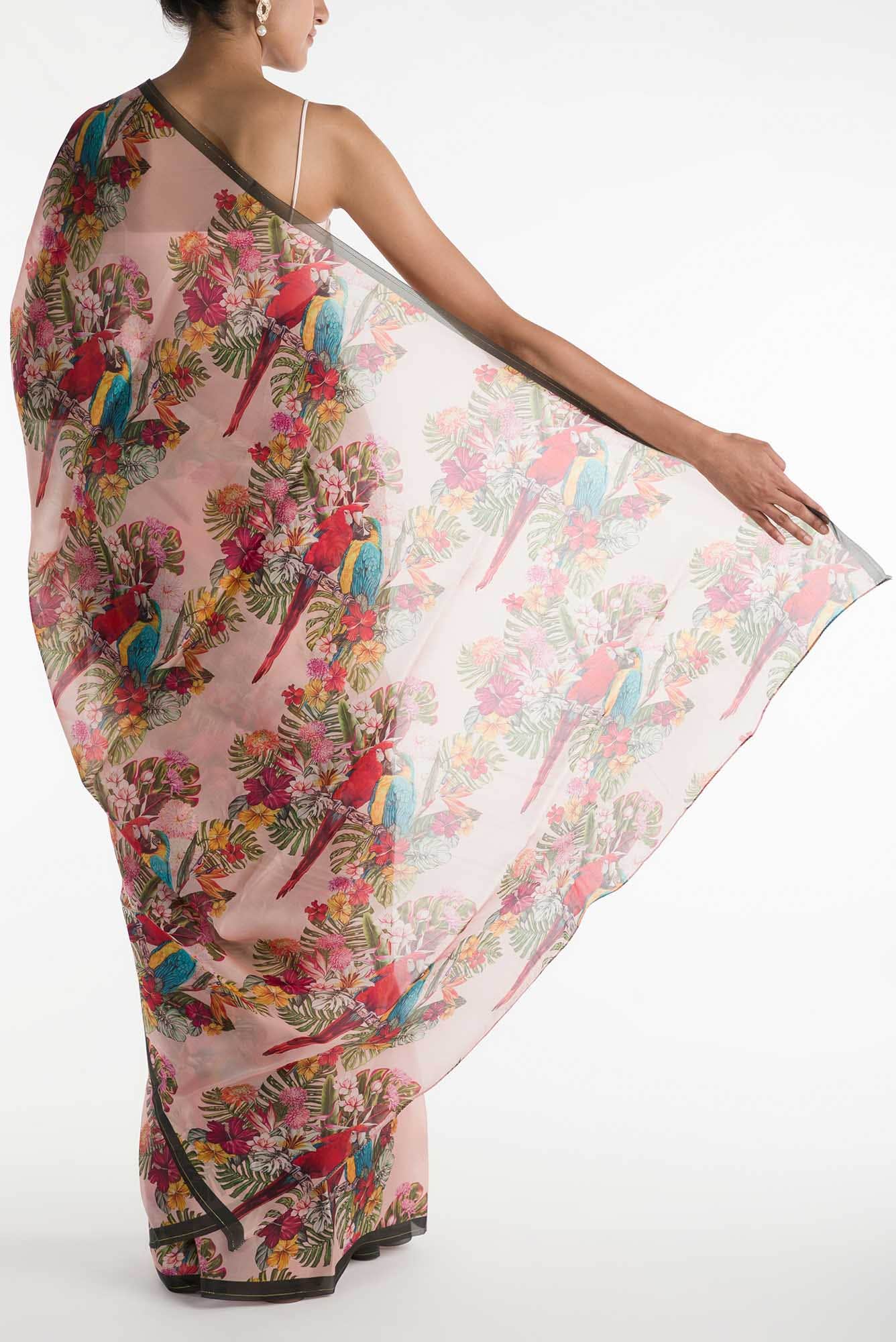 Lover Macaws Pink Satin Organza Saree - Image 3