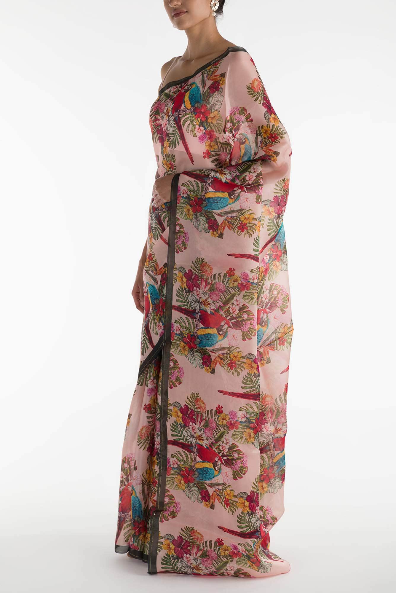 Lover Macaws Pink Satin Organza Saree - Image 4