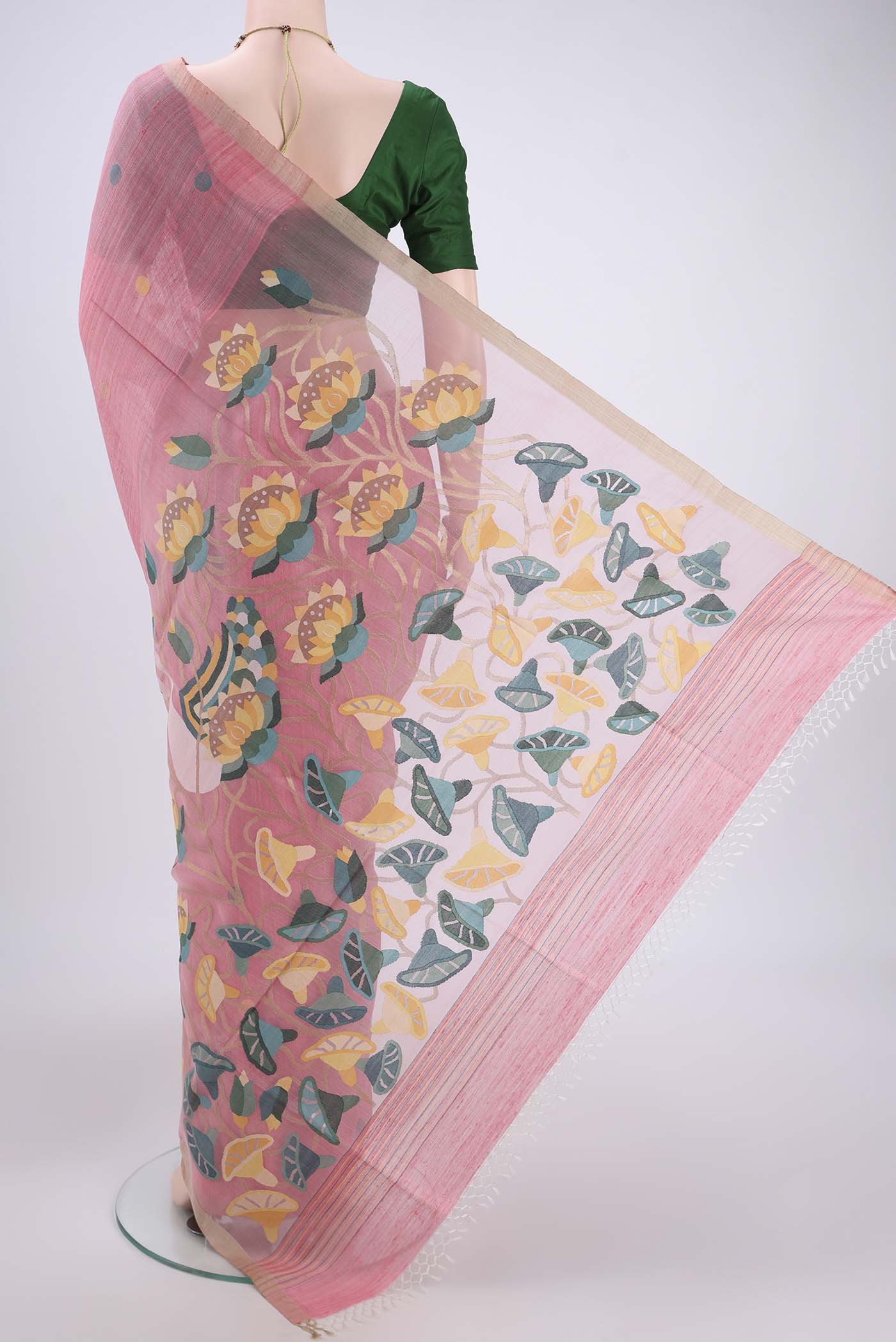 Pink Jute Silk Saree - Image 3