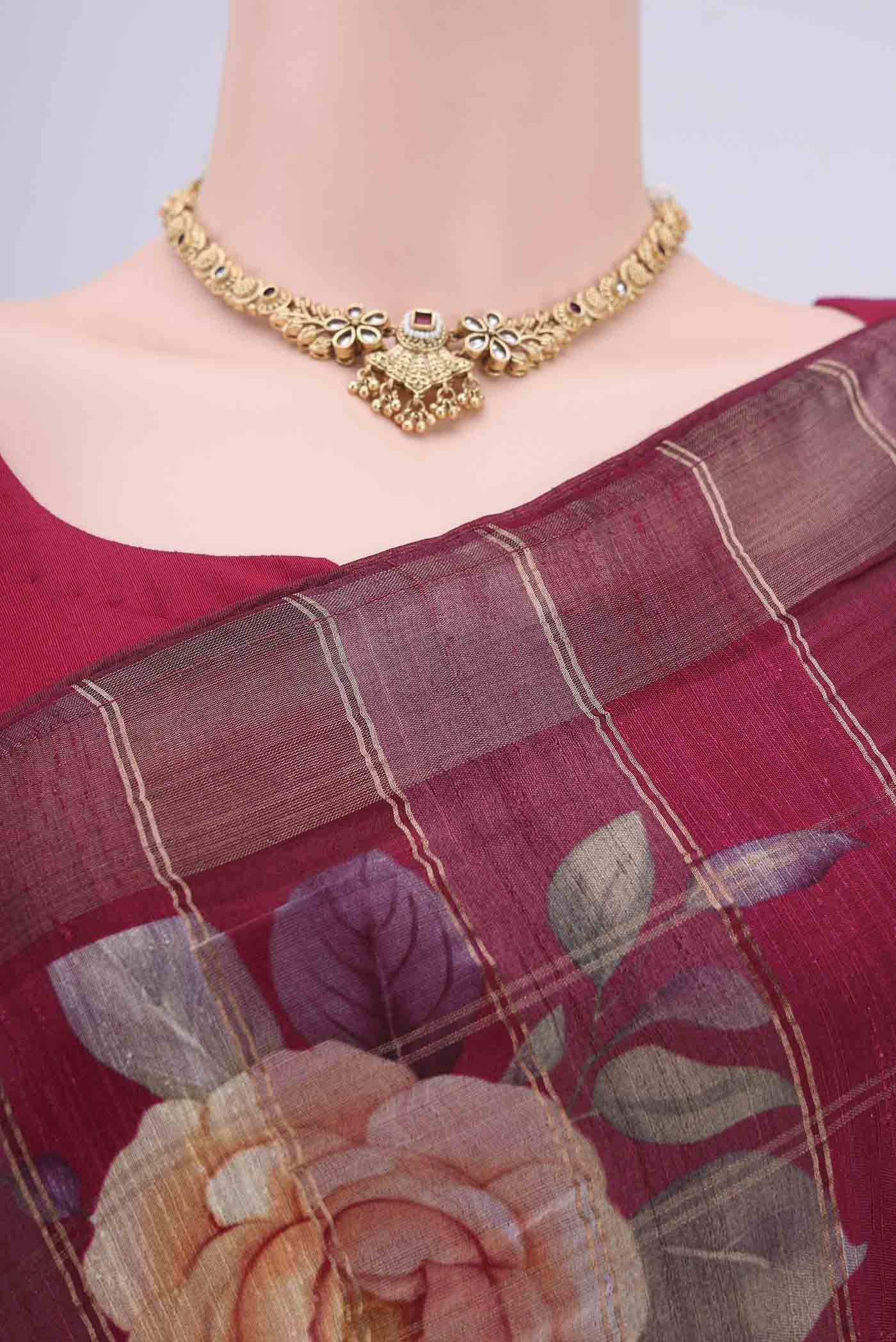 Maroon Tussar Silk Saree - Image 2