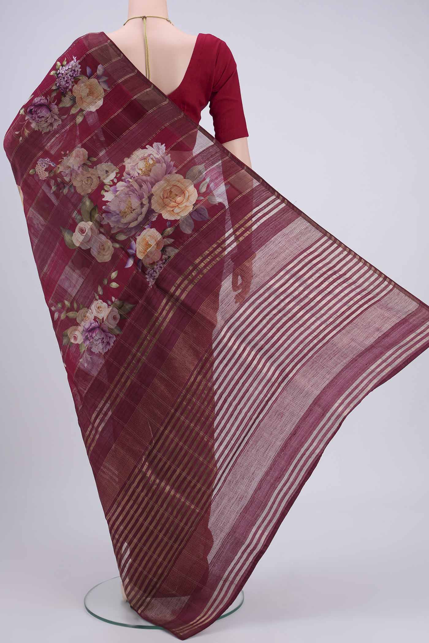 Maroon Tussar Silk Saree - Image 3