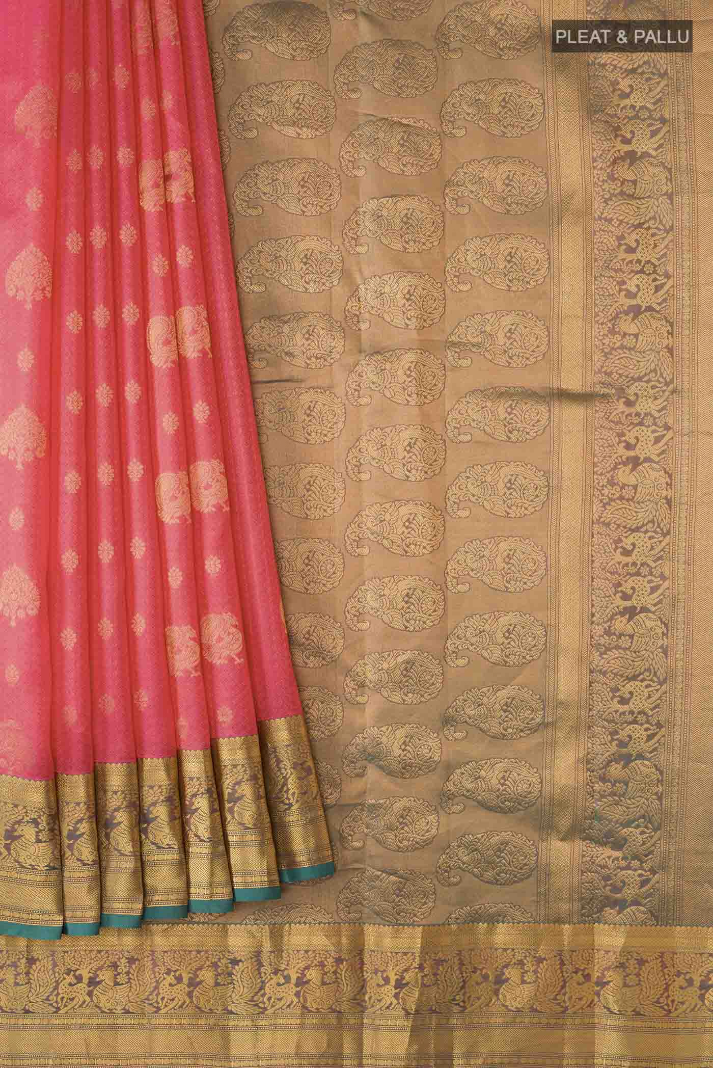 Pink with Orange Color Kanchipuram Silk Saree - Image 4