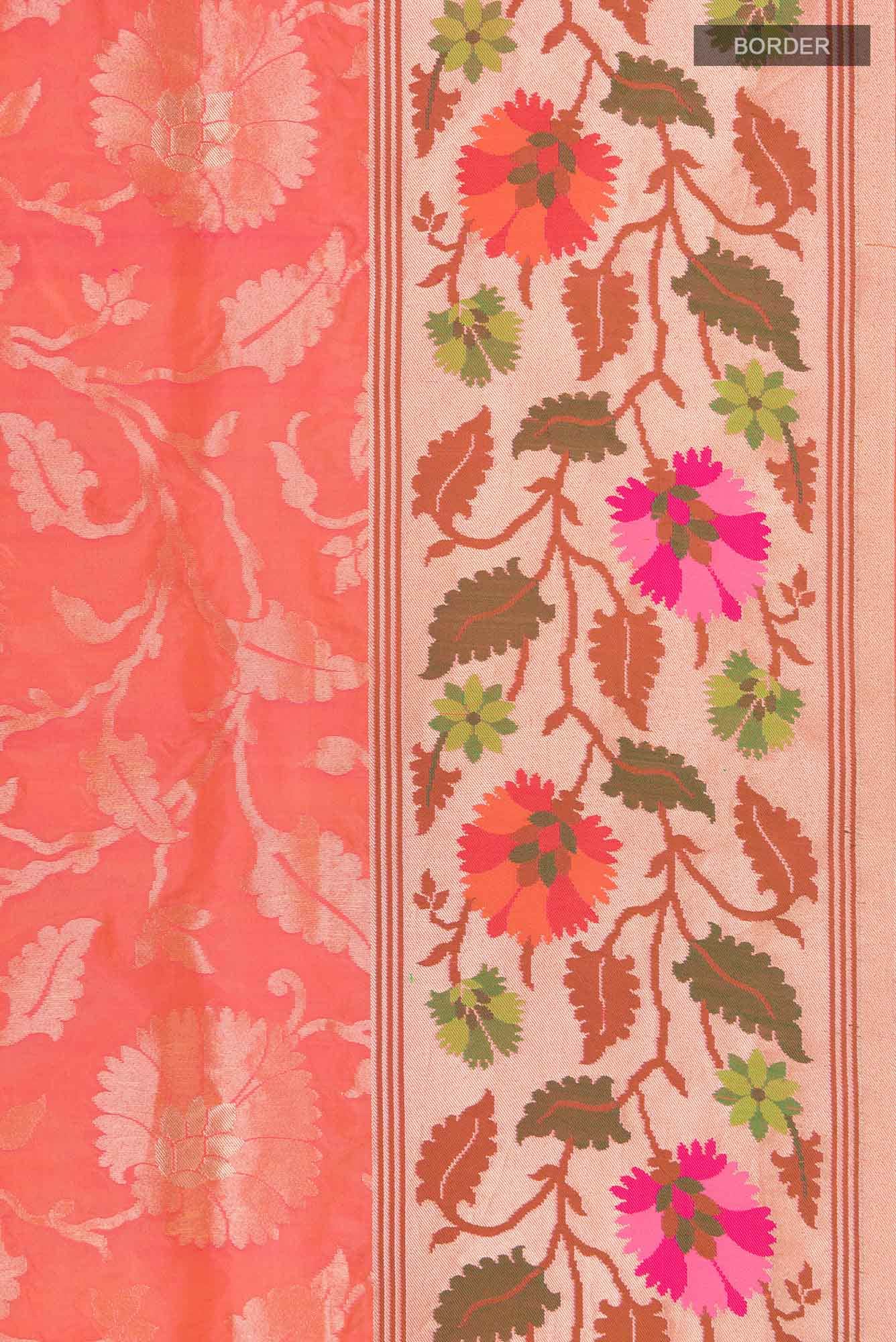 Pure Silk Pure Zari Pink With Orange Dual Tone Banarasi Saree - Image 6