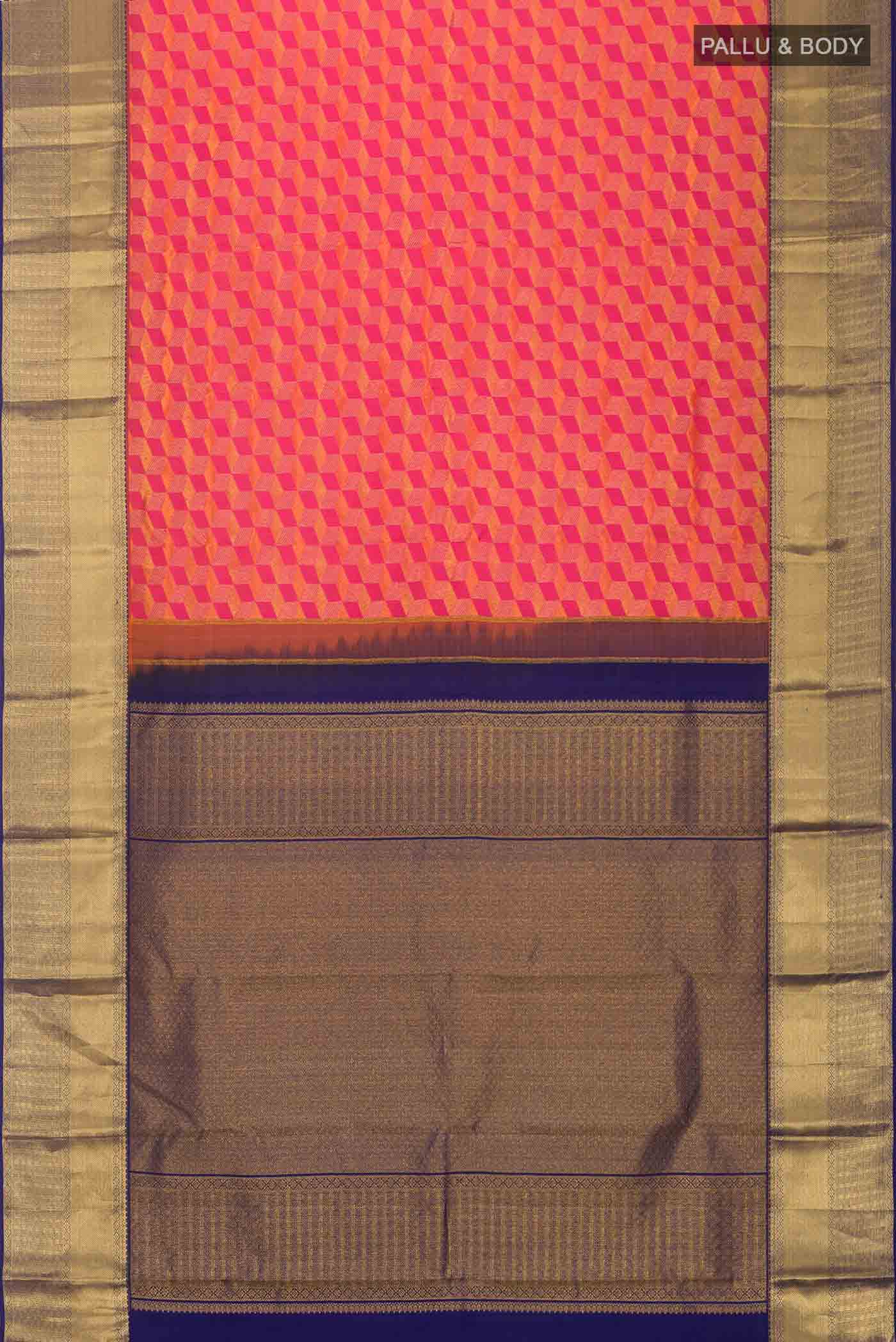 Pink with Orange Dual Tone Kanchipuram Silk Saree - Image 6