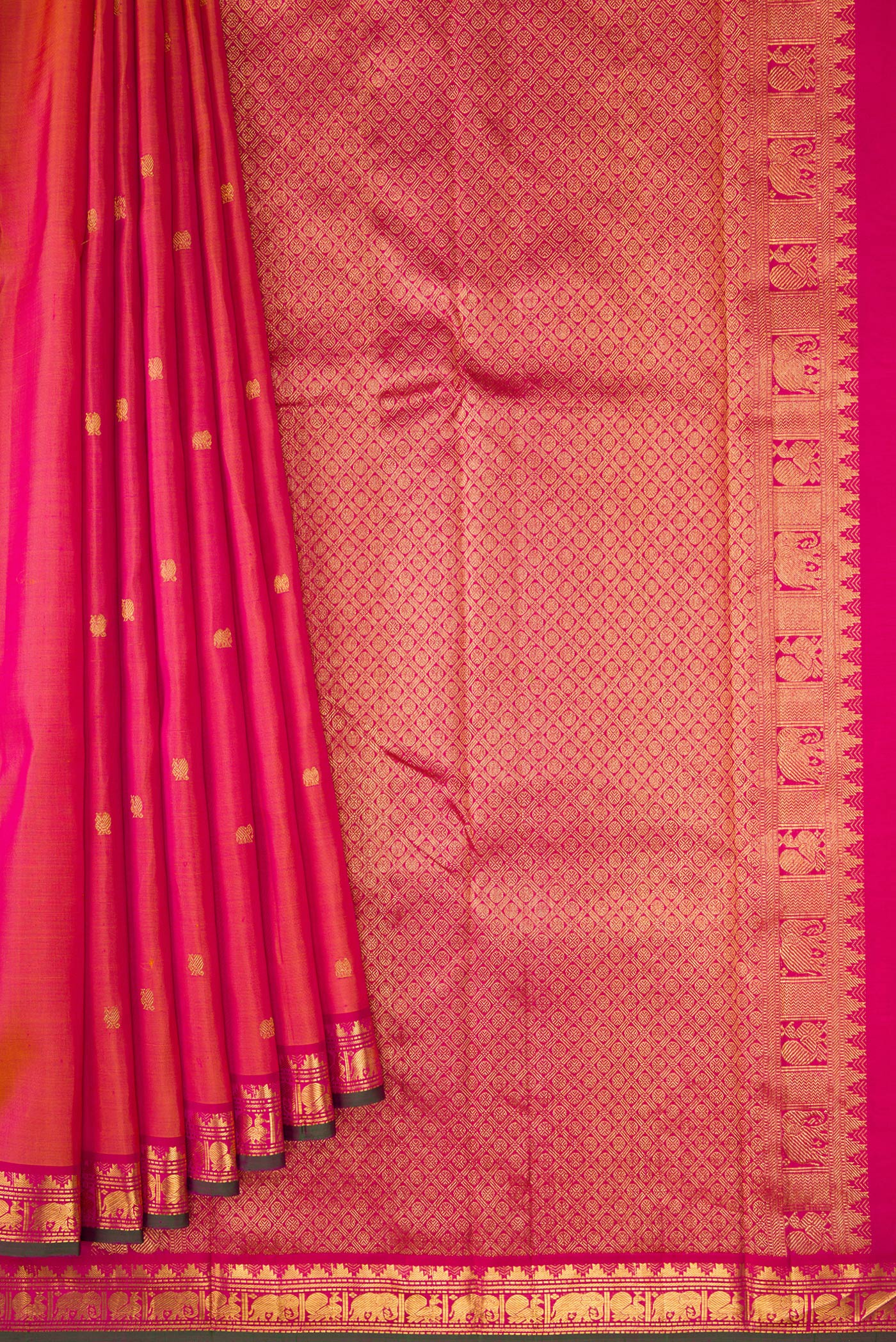 Pink with Yellow Color Kanchipuram Silk Saree - Image 4