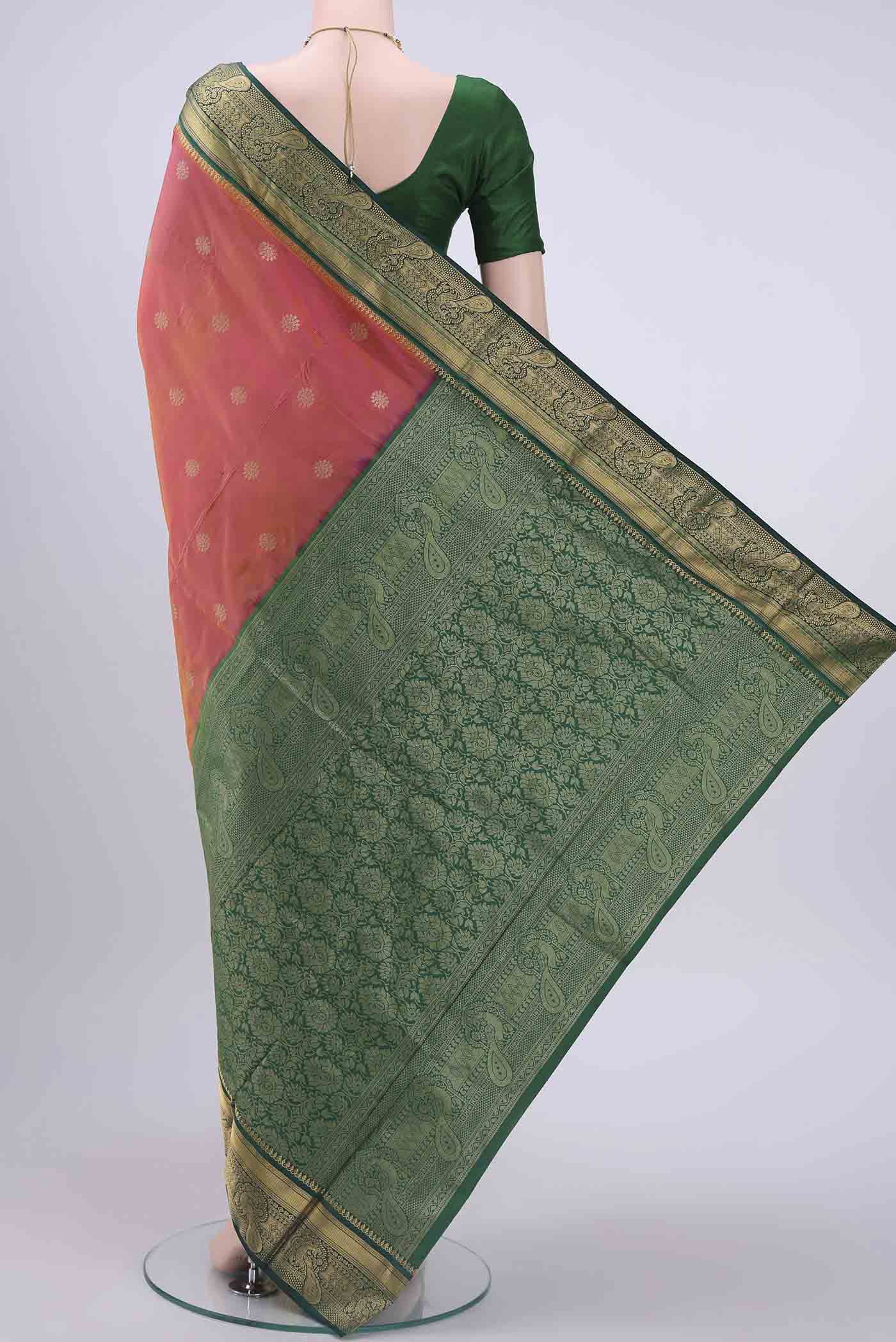 Pinkish Yellow Dual Tone Blended Bangalore Silk Saree - Image 3