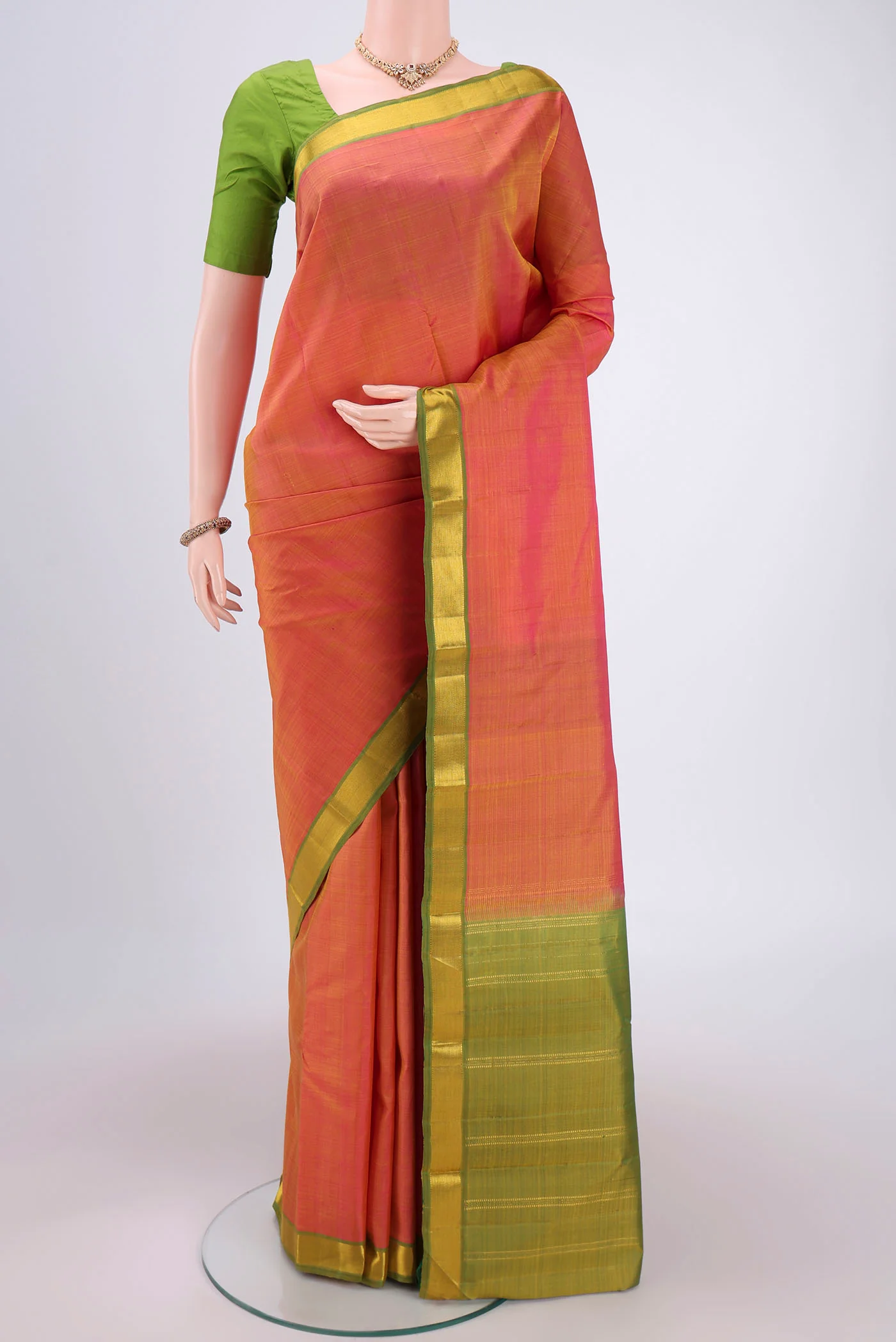 Pinkish Yellow Dual Tone Kanjivaram Silk Saree