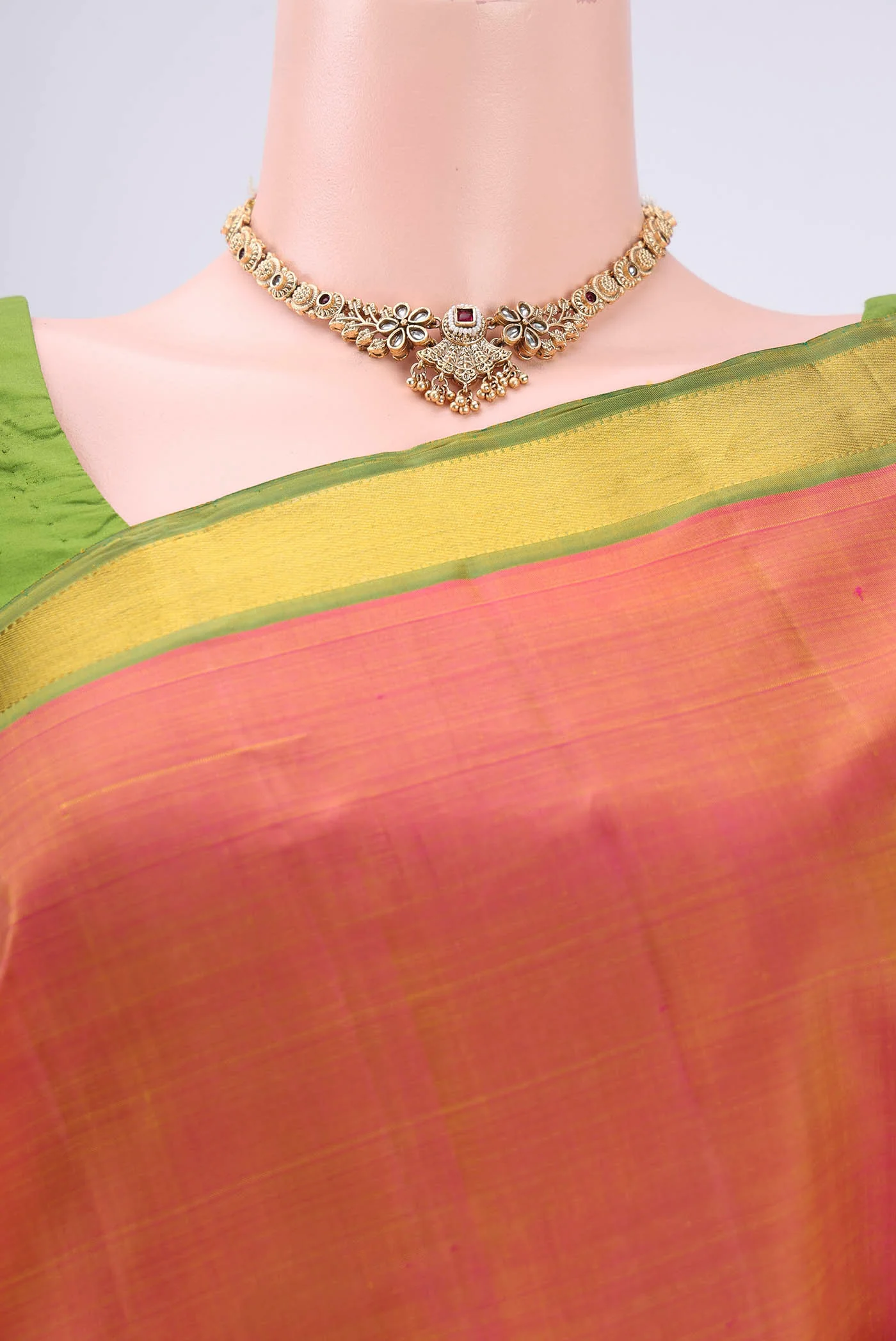 Pinkish Yellow Dual Tone Kanjivaram Silk Saree - Image 2