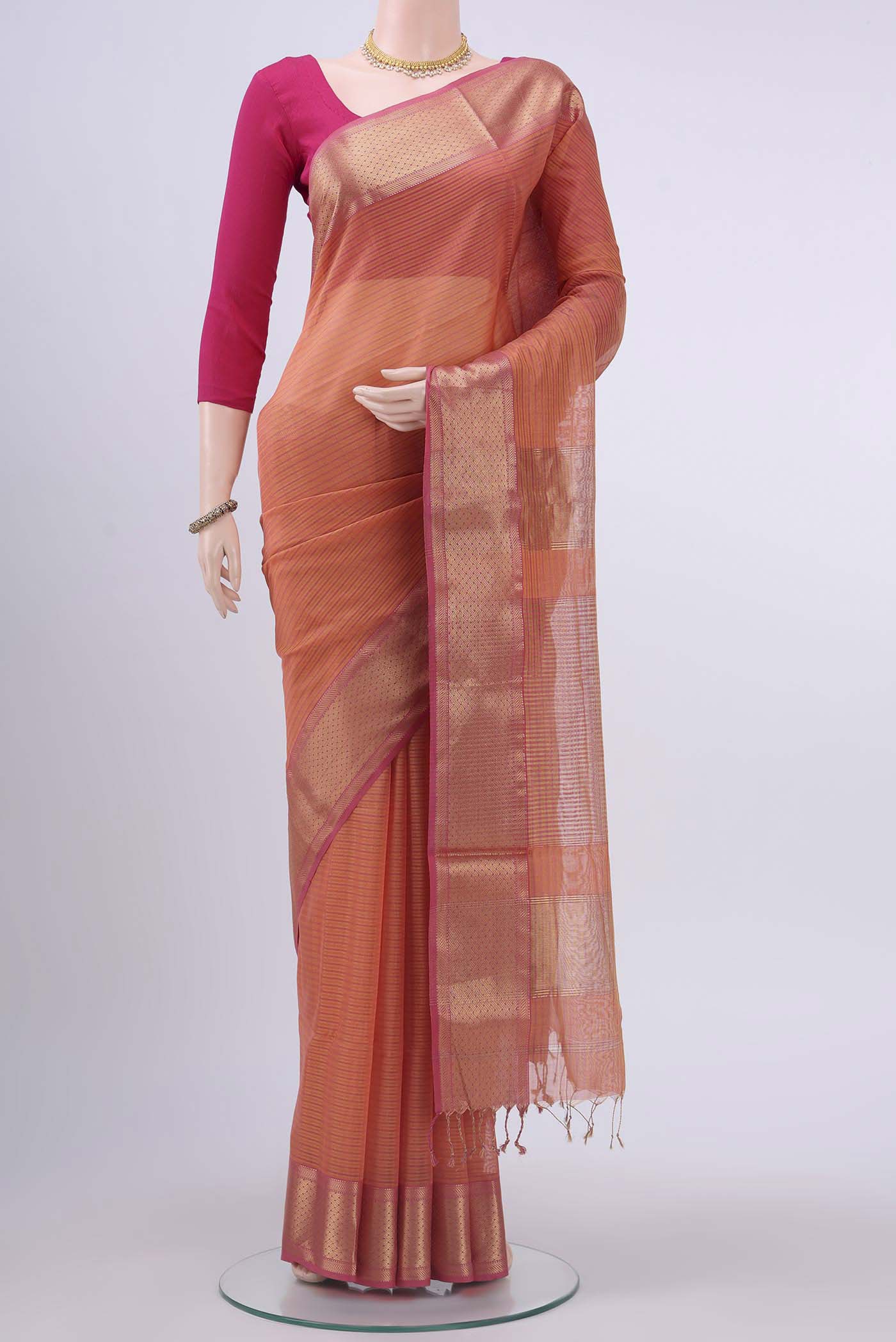 Pinkish Yellow Maheshwari Silk Cotton Saree