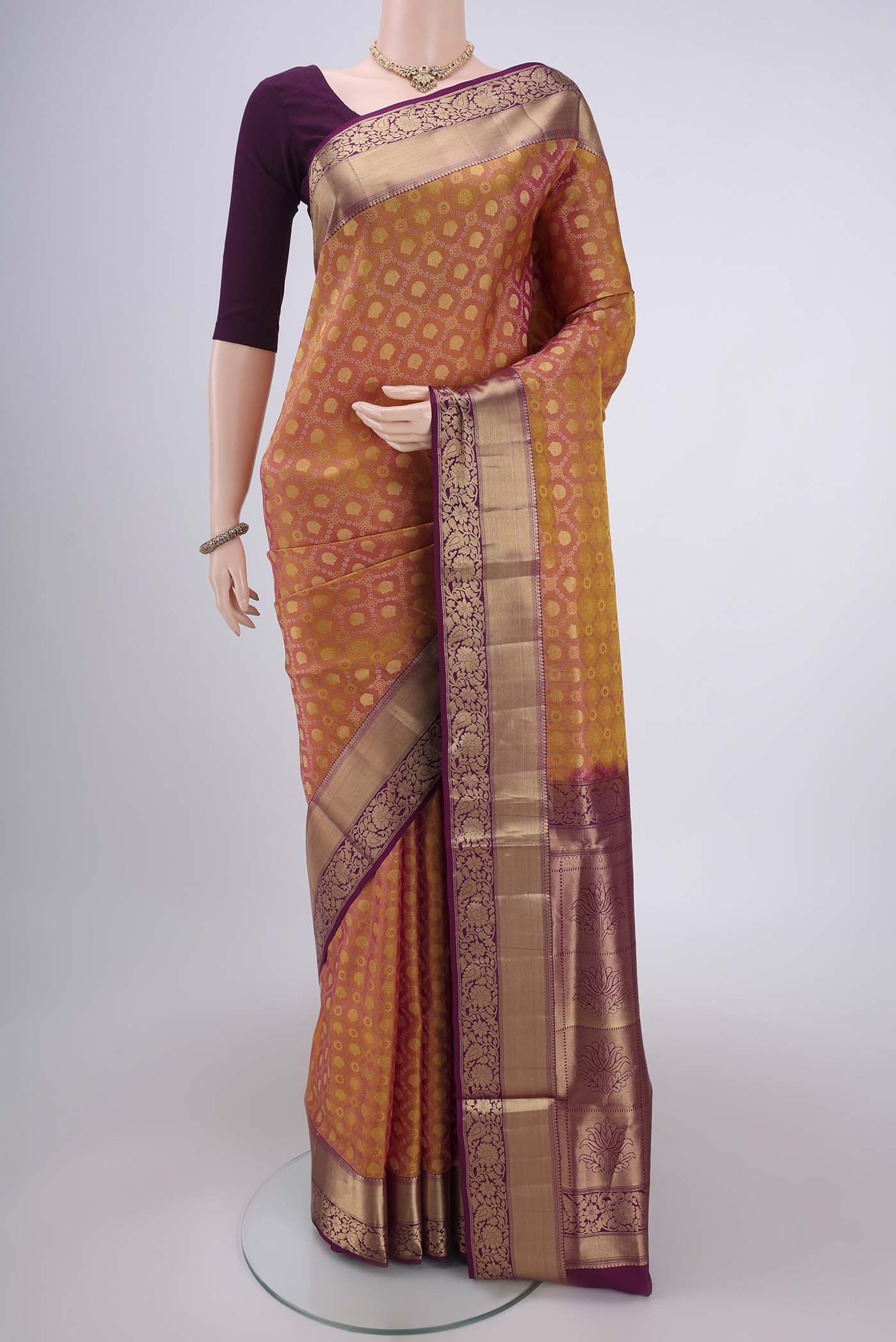Pinkish Yellow Dual Tone Soft Silk Saree