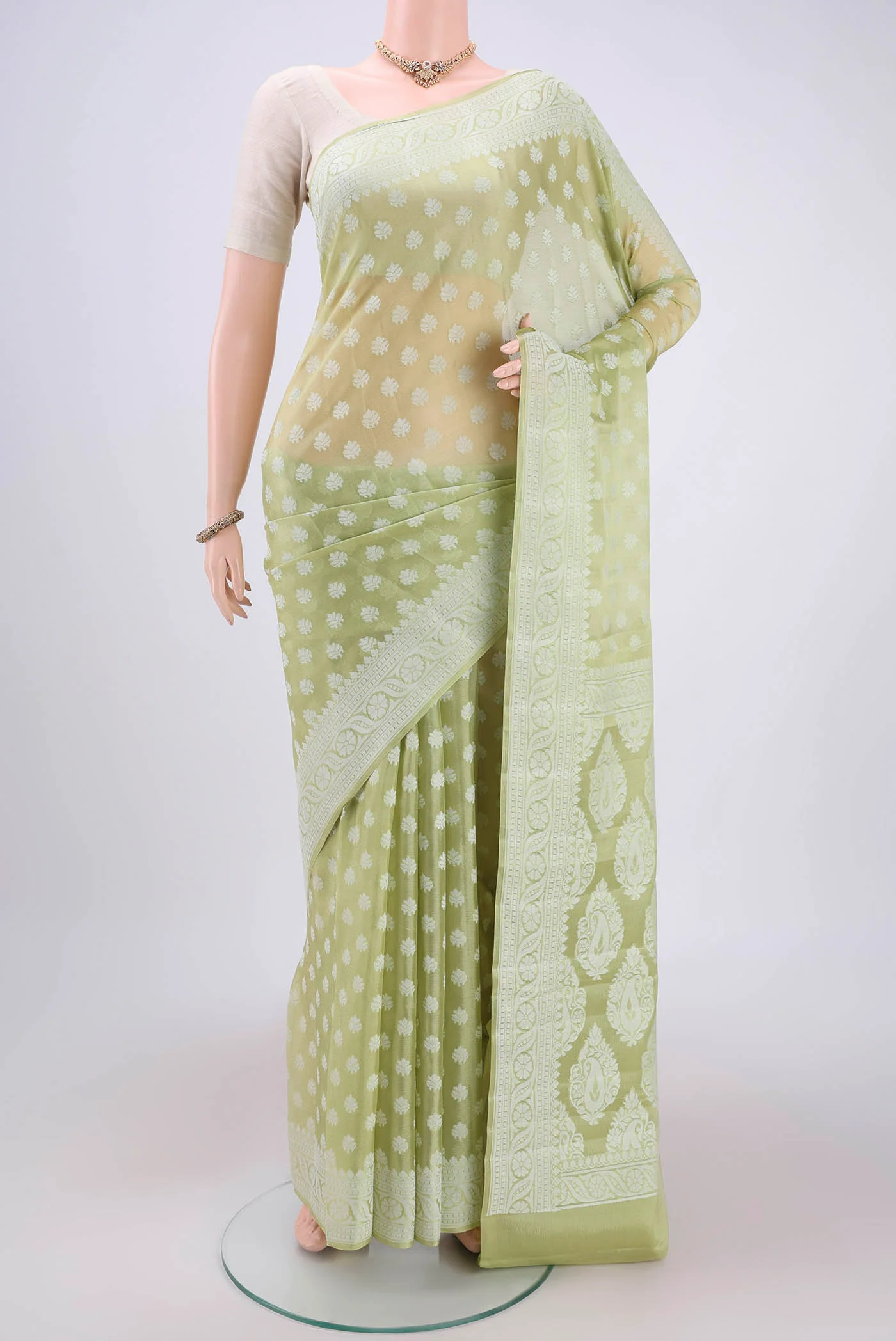 Pista Green Blended Banarasi Georgette Saree
