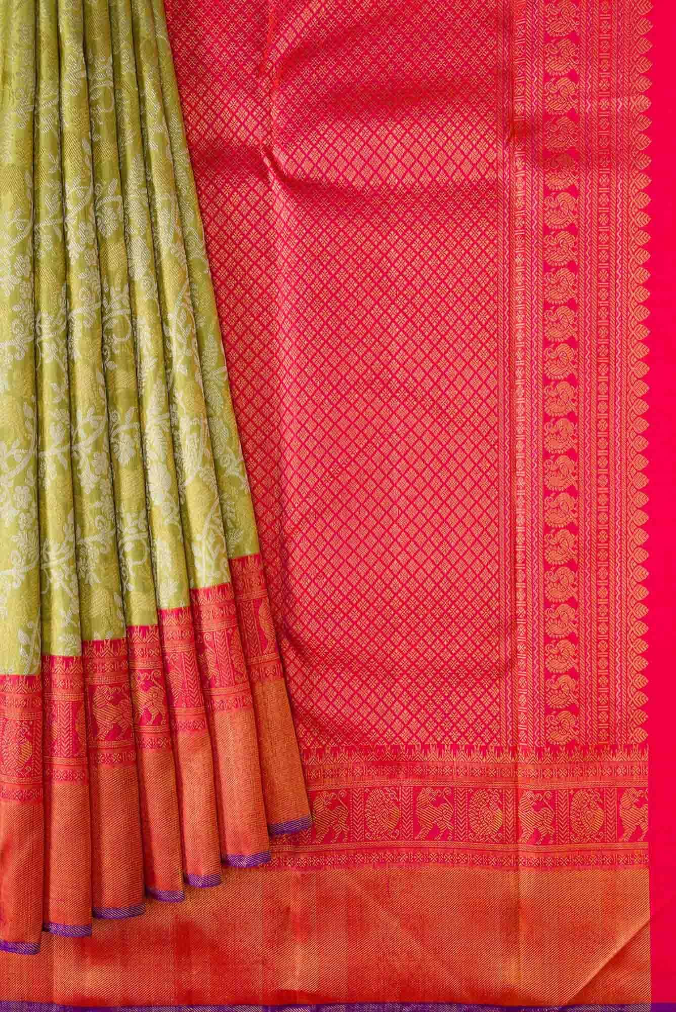 Pure Silk Pure Zari Pista Green Dual Tone Kanjivaram Saree - Image 2