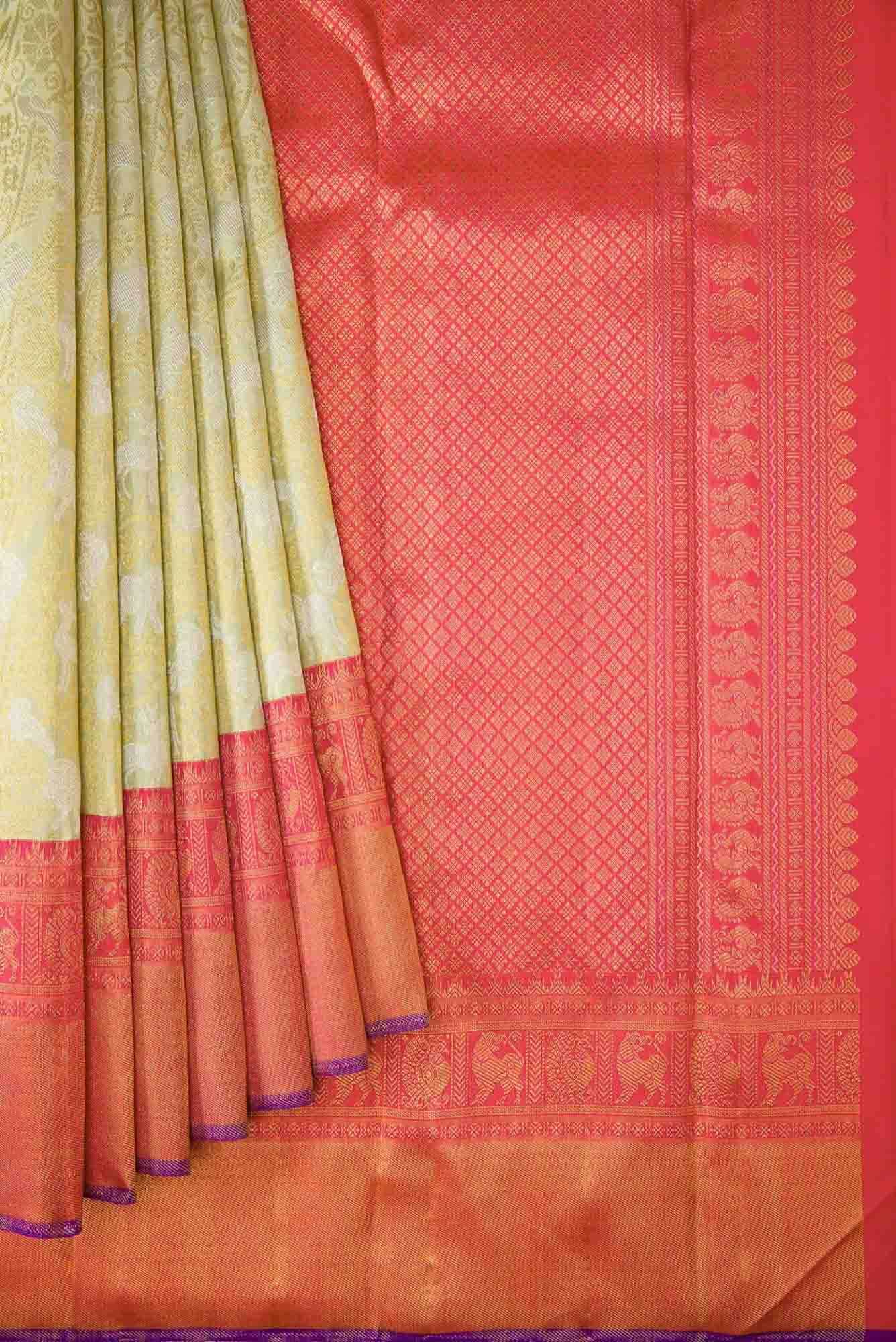 Pure Silk Pure Zari Pista Green Dual Tone Kanjivaram Saree - Image 2