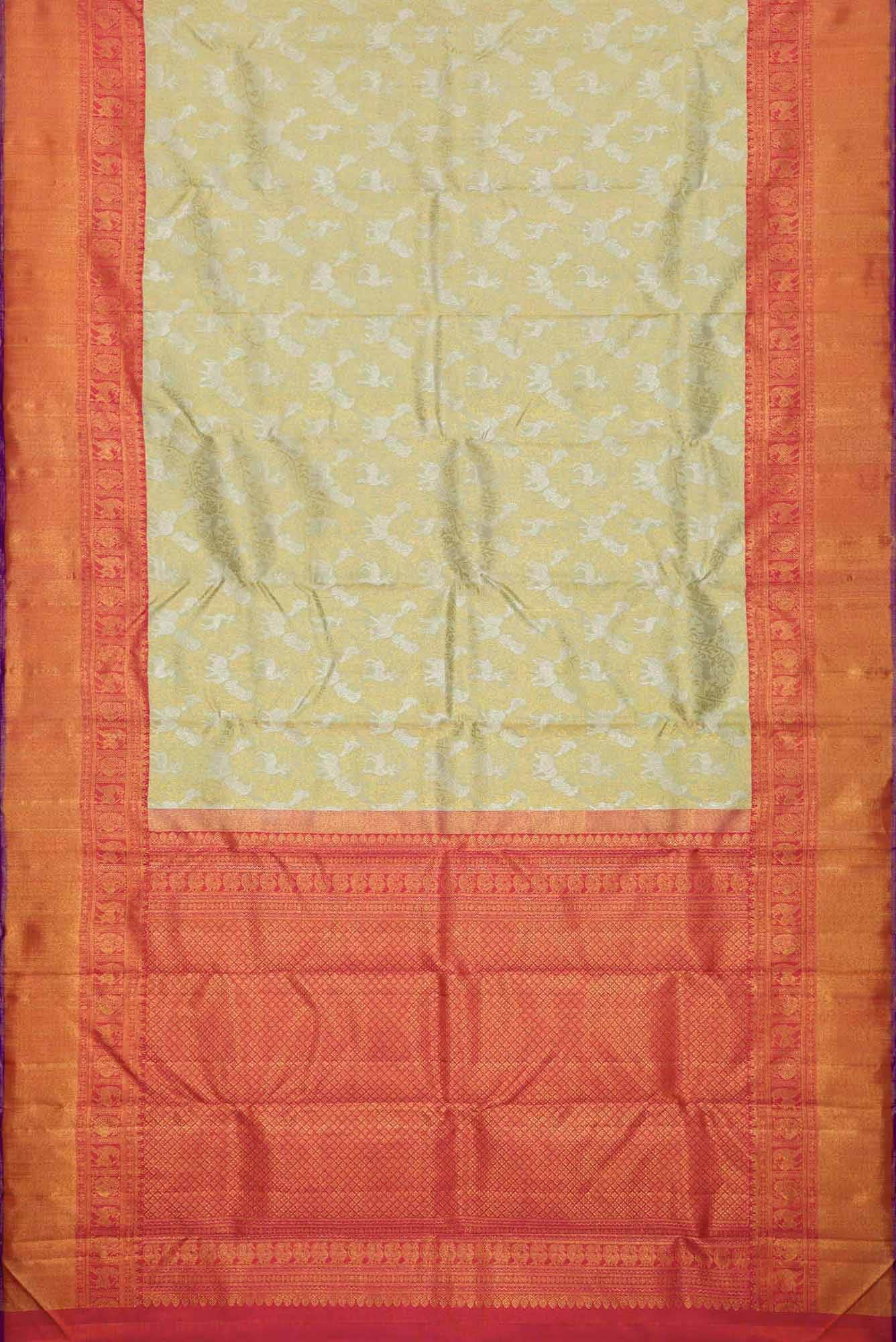 Pure Silk Pure Zari Pista Green Dual Tone Kanjivaram Saree - Image 4