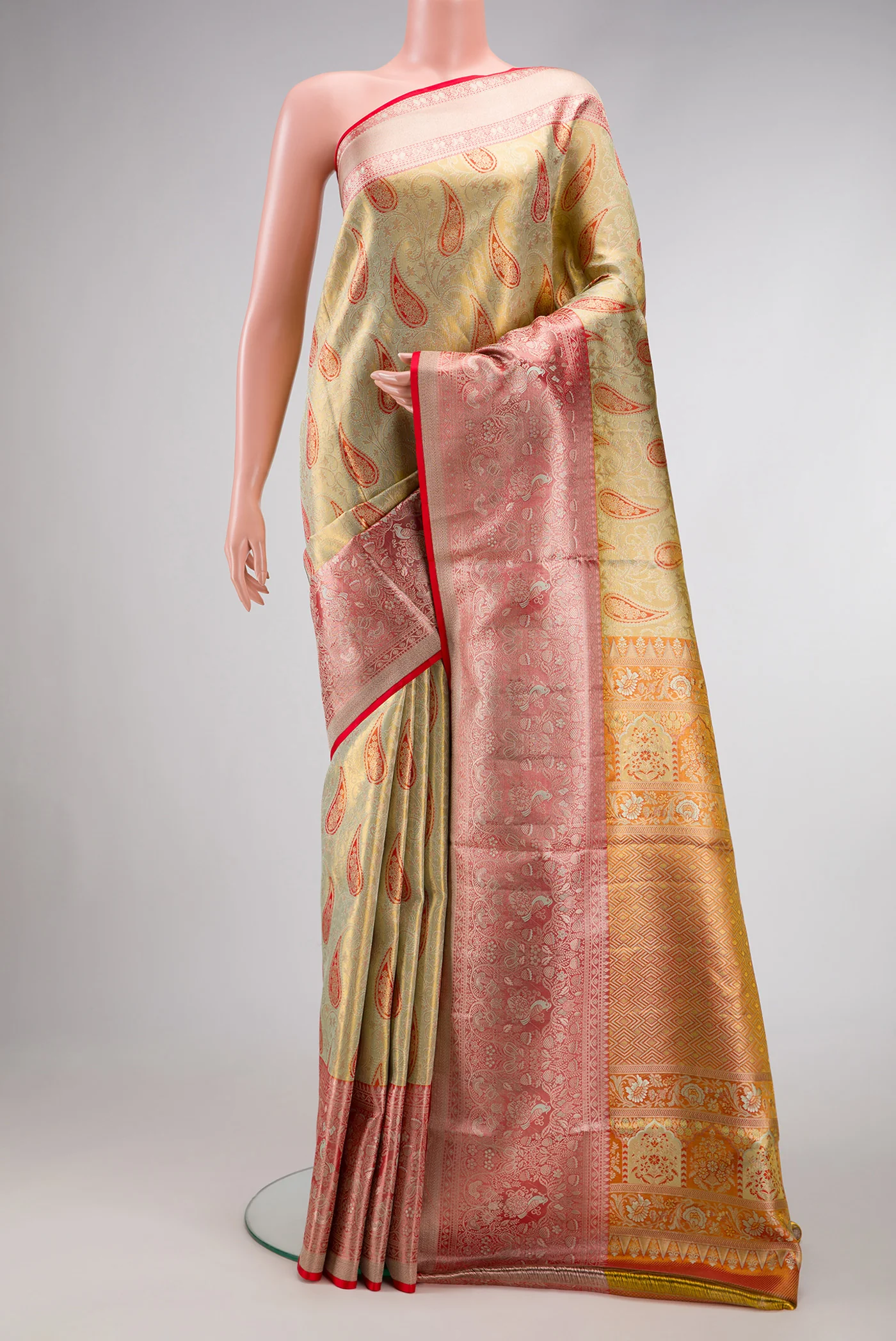 Gold with Mint Green Color Kanjivaram Tissue Silk Saree