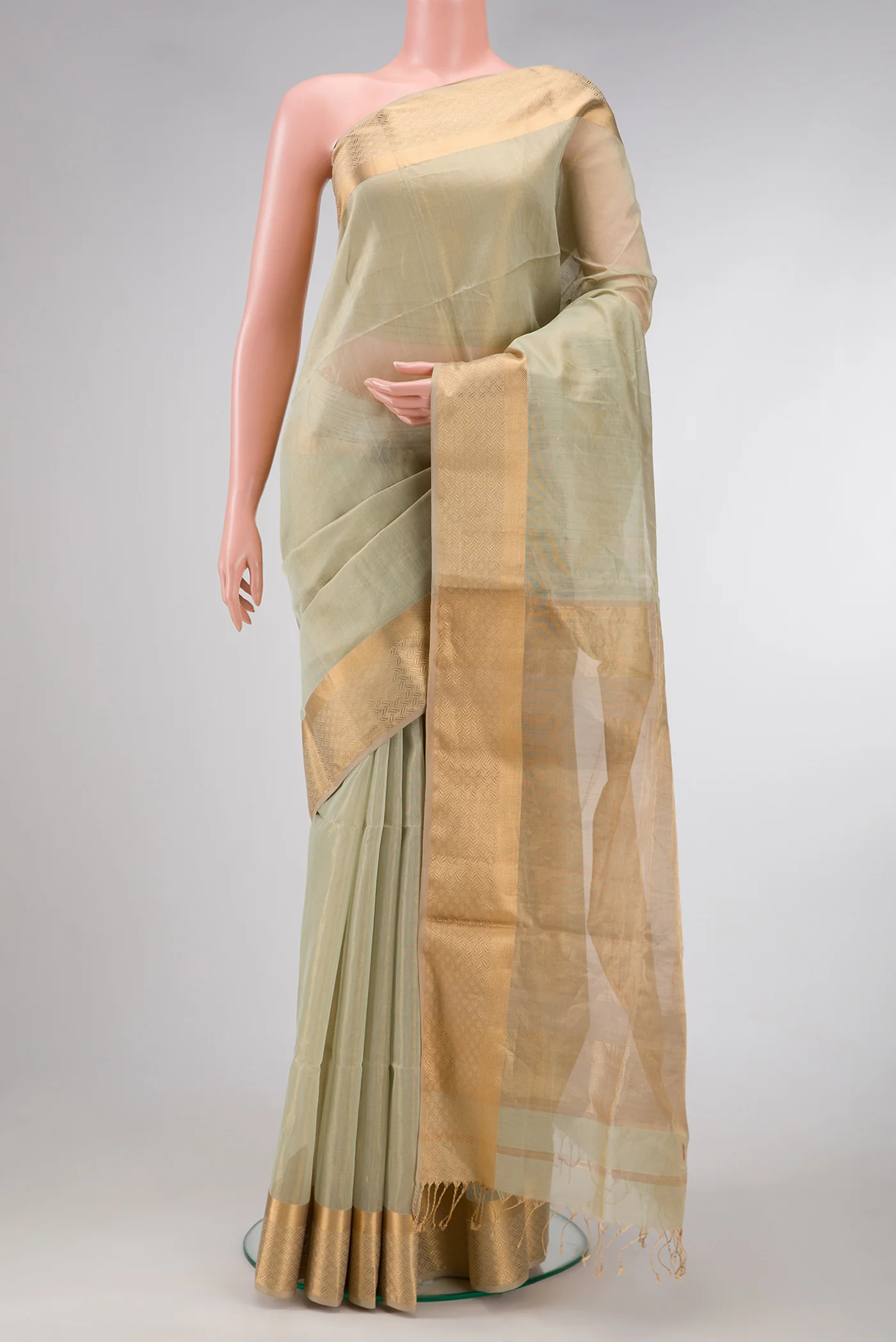 Pista Green Dual Tone Maheshwari Tissue Silk Cotton Saree