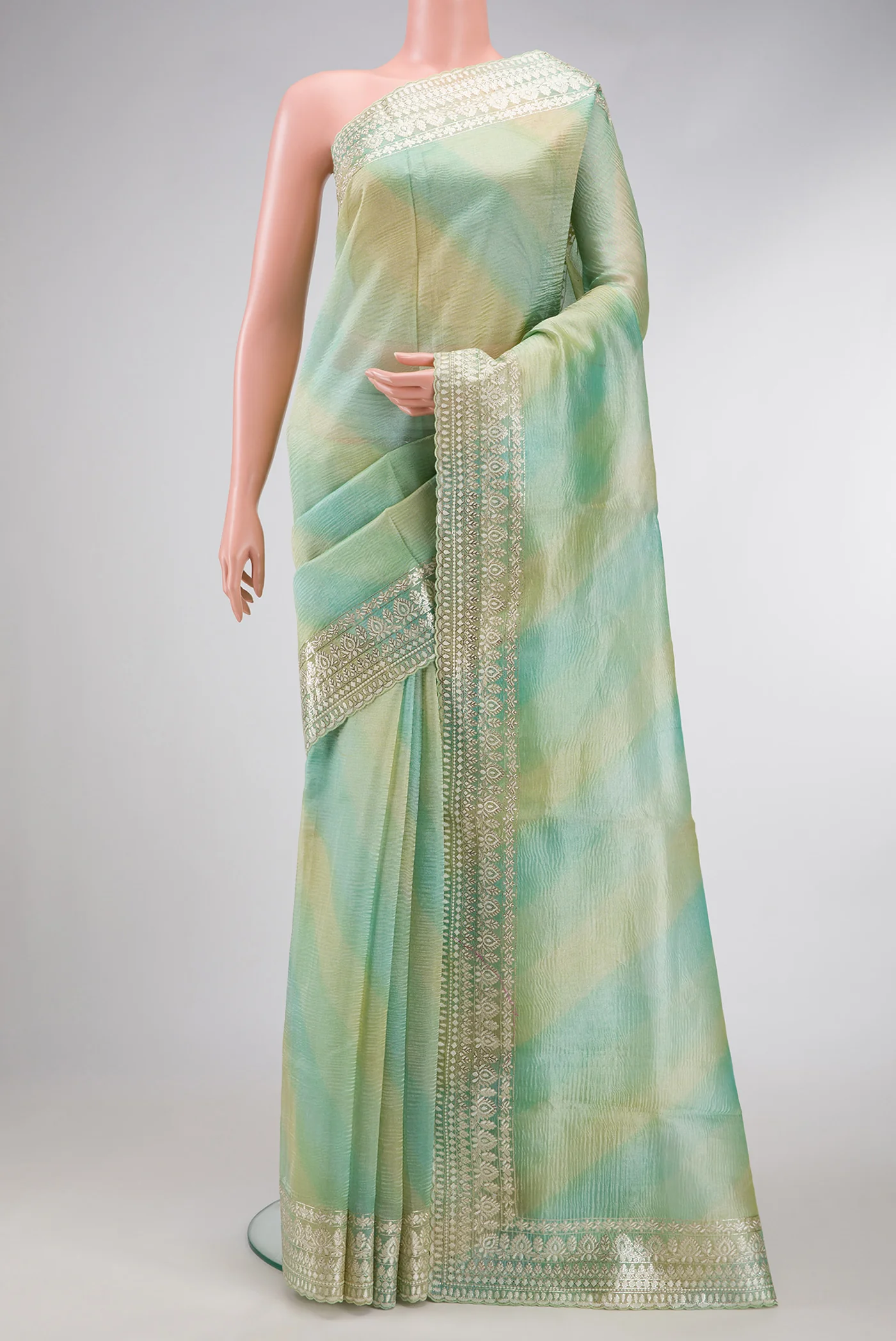 Light  Blue and Gold Color Organza Silk Saree