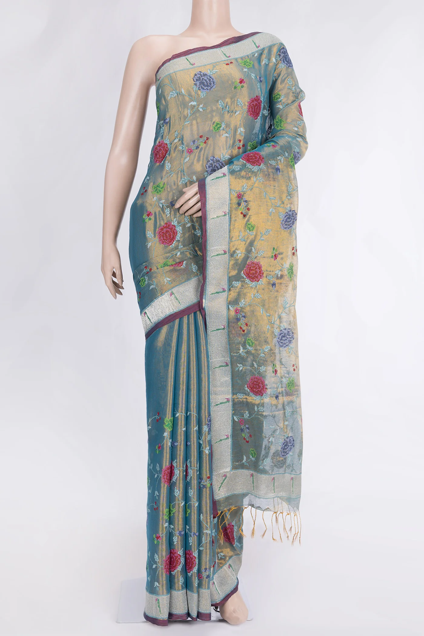 Blue with Gold Color Organza Silk Saree