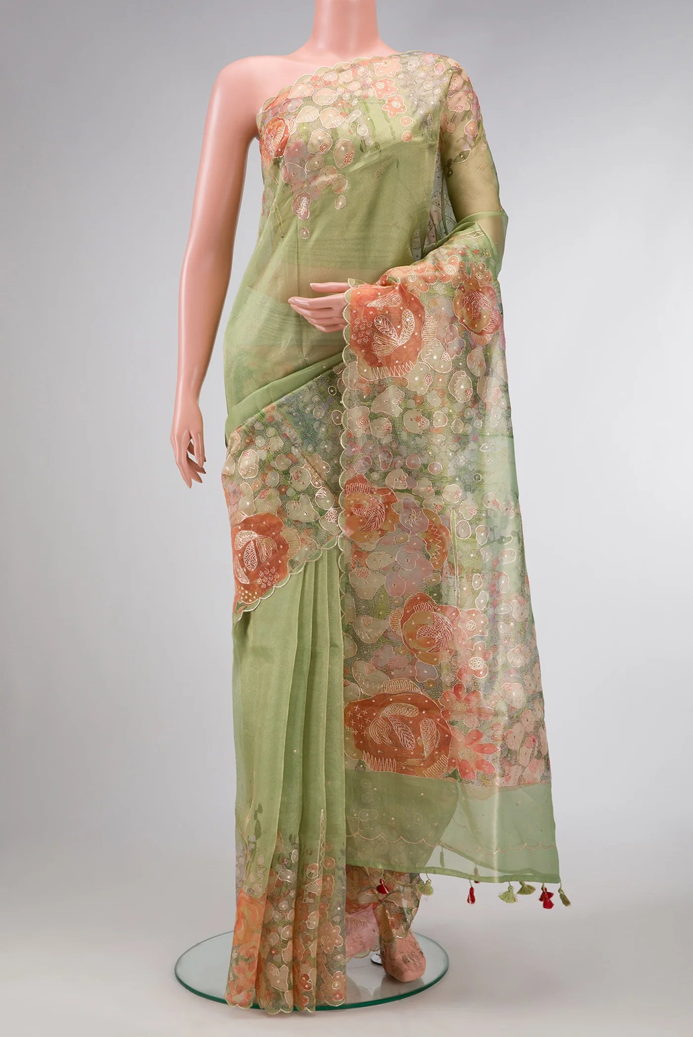 Pista Green Dual Tone Organza Silk Saree