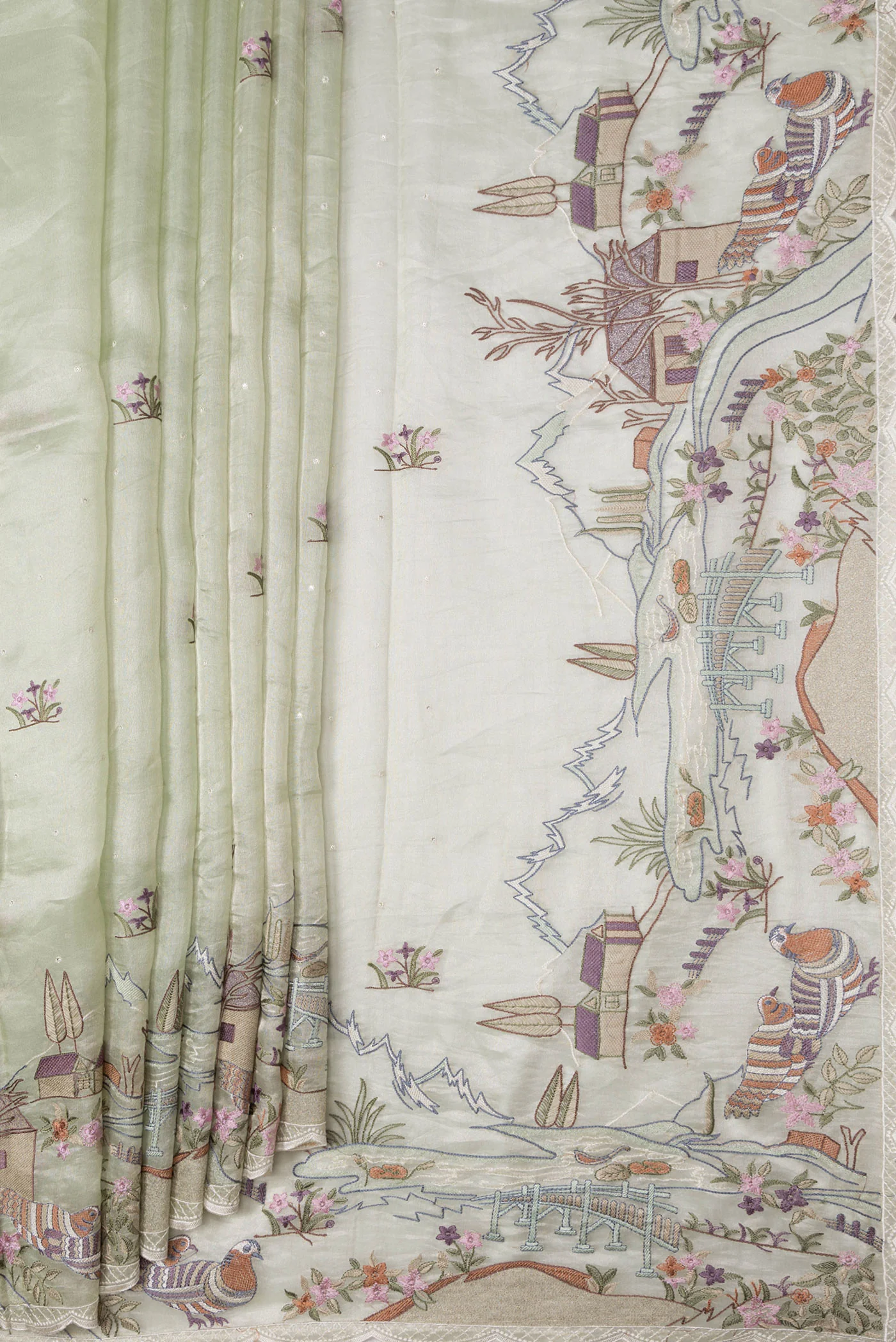 Light Green Dual Tone Organza Silk Saree - Image 4