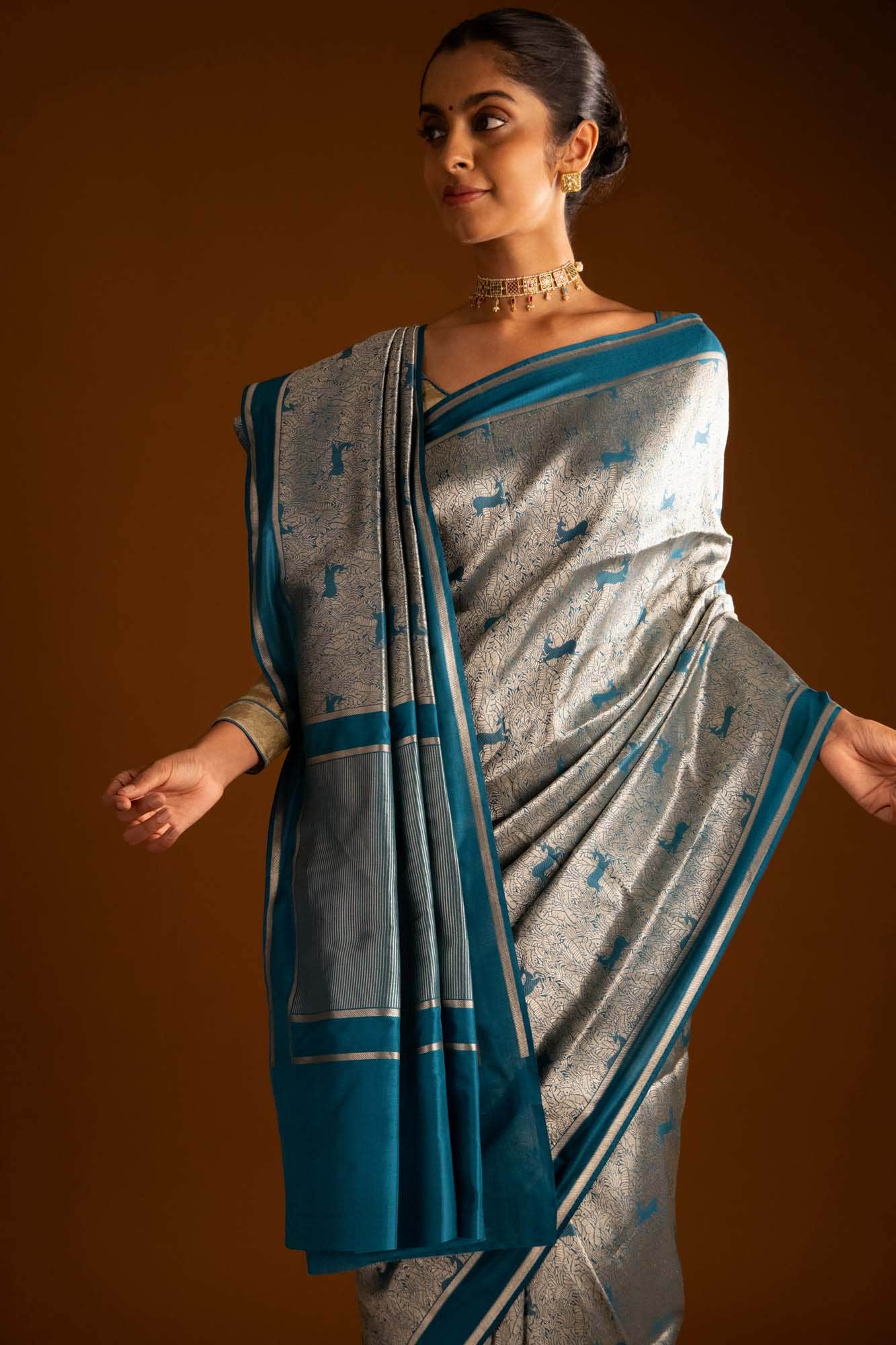 Prance-Teal Green Banarasi Silk Saree - Image 3