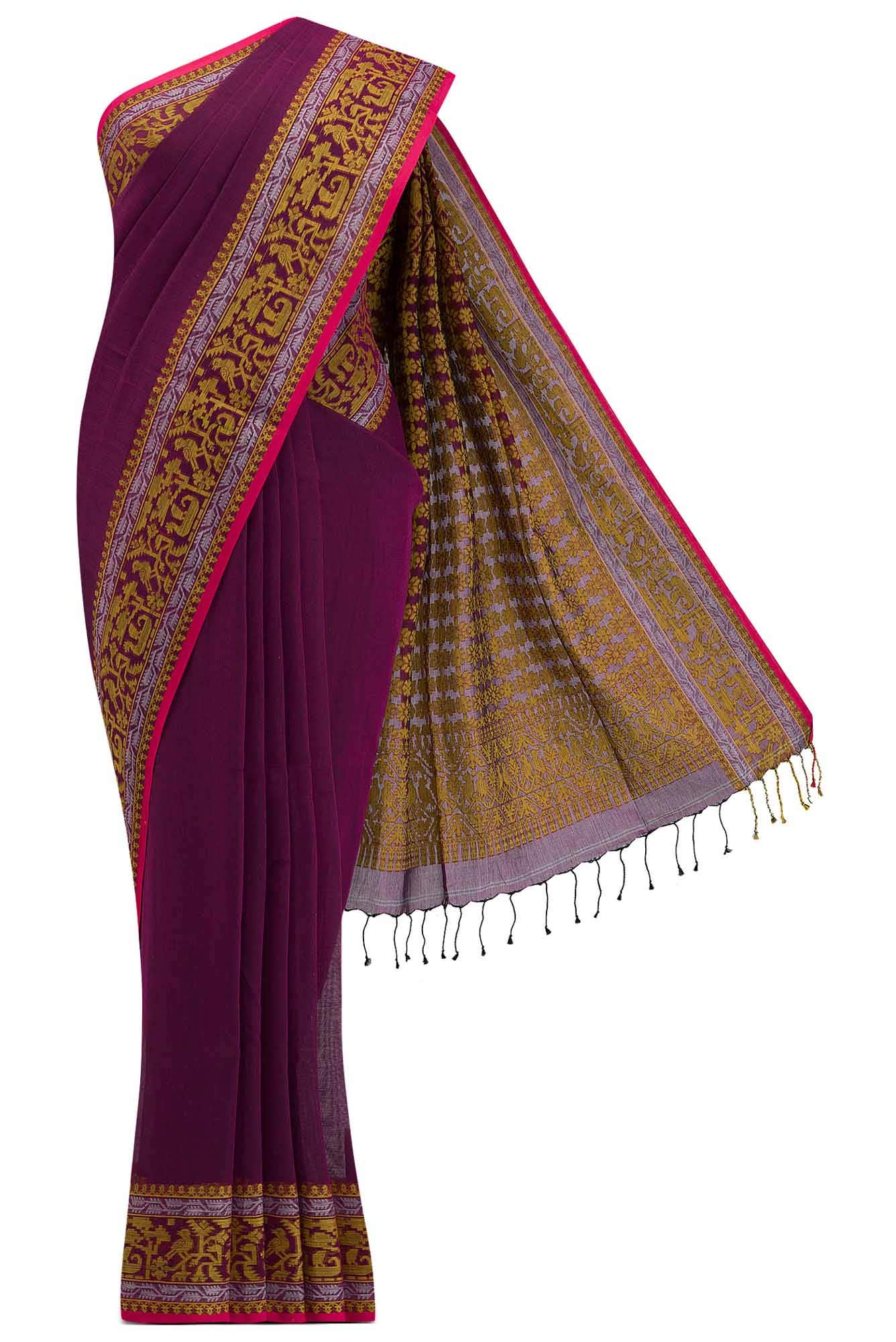 Priyambada-Magenta Bengal Cotton Saree - Image 2